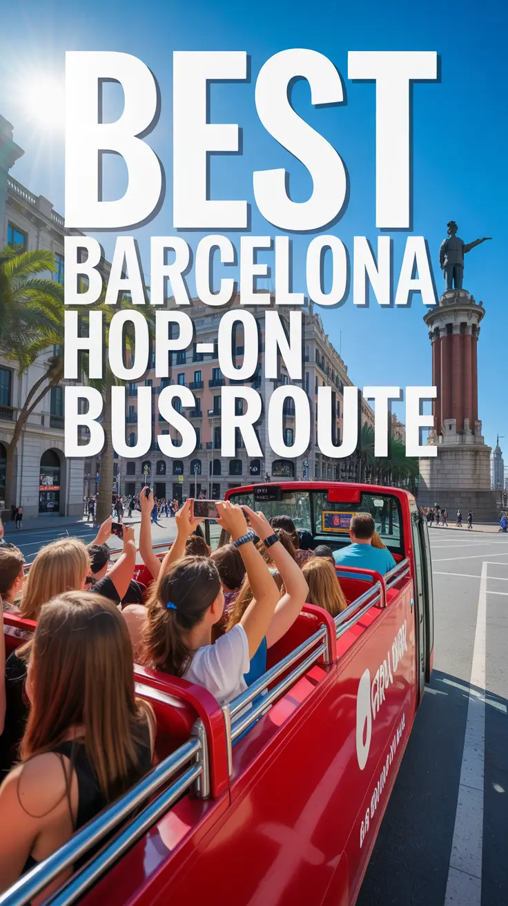 A vibrant lifestyle advertisement showcasing the Barcelona Hop-On Bus, featuring a bright red double-decker bus driving along Las Ramblas with the iconic Christopher Columbus statue visible in the background on a sunny day. The bus is filled with diverse tourists happily taking photos, emphasizing the convenience and sightseeing opportunities the route offers, while sunlight glints off the bus's windows and illuminates the surrounding architecture. A large, bold text overlay across the top of the image reads "Best Barcelona Hop-On Bus Route" in a modern, clean font, ensuring maximum visibility against the vibrant backdrop, creating a sense of excitement and ease of exploration throughout the city. The overall aesthetic is energetic and inviting, conveying a premium travel experience with a clear and concise message.