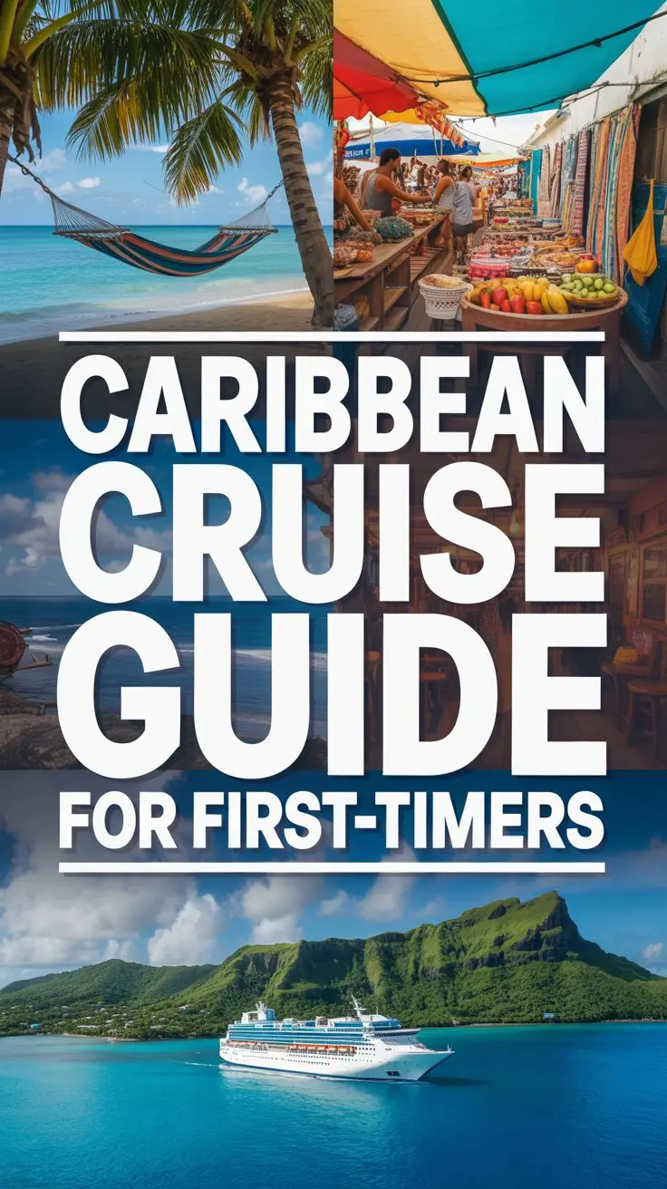 A vibrant lifestyle advertisement for a Caribbean travel guide, showcasing a collage of idyllic tropical scenes rather than a cruise ship itself. The visual focuses on a turquoise beach with a hammock gently swaying between palm trees, a bustling marketplace filled with colorful fruits and crafts, and a panoramic view of lush green mountains meeting the ocean – all presented in a warm, inviting light. Dominating the upper portion of the image is a large, bold white box containing the text "Caribbean Cruise Guide for First-Timers" in thick, distinctive lettering, immediately grabbing the viewer’s attention and promising an easy introduction to island life. The overall mood is joyful and adventurous, creating a sense of wanderlust and inspiring viewers to explore the beauty and culture of the Caribbean.