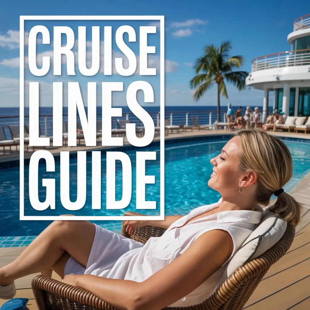 A vibrant lifestyle advertisement for a "Cruise Lines Guide" features an average-looking tourist relaxing by a sparkling turquoise pool on a luxurious cruise ship deck, bathed in the golden light of a bright, sunny day. The scene showcases a spacious pool area with plush lounge chairs, palm trees, and a glimpse of the vast ocean stretching to the horizon, evoking feelings of relaxation and escape. Positioned prominently to the left is a large, clean overlay displaying the text "Cruise Lines Guide" in a modern, bold font against a contrasting background, with the overall aesthetic aiming for an aspirational yet relatable feel. The image utilizes a shallow depth of field to focus on the tourist and the text, creating a visually appealing and inviting advertisement promoting the guide as the key to a perfect cruise experience.