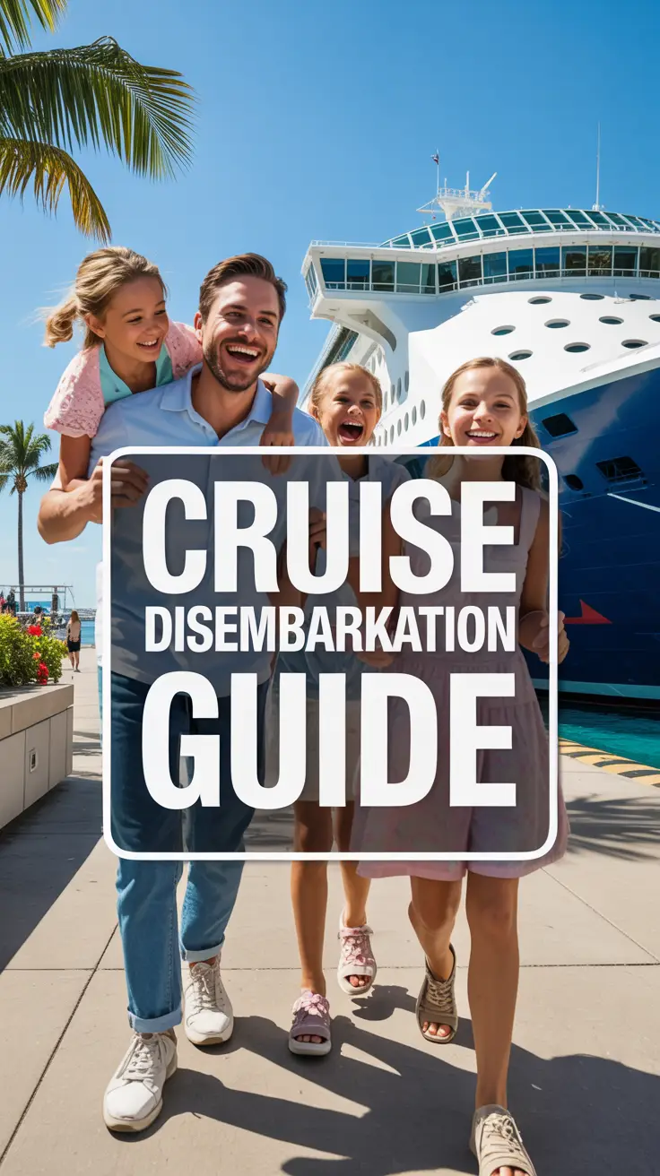 A vibrant lifestyle scene showing a joyful family disembarking from a cruise ship on a sunny day, approaching a modern information kiosk with a clear "Cruise Disembarkation Guide" sign; the background includes palm trees, blue sky, and the cruise ship, evoking a mood of organized, seamless travel with warm, natural lighting and inviting energy.