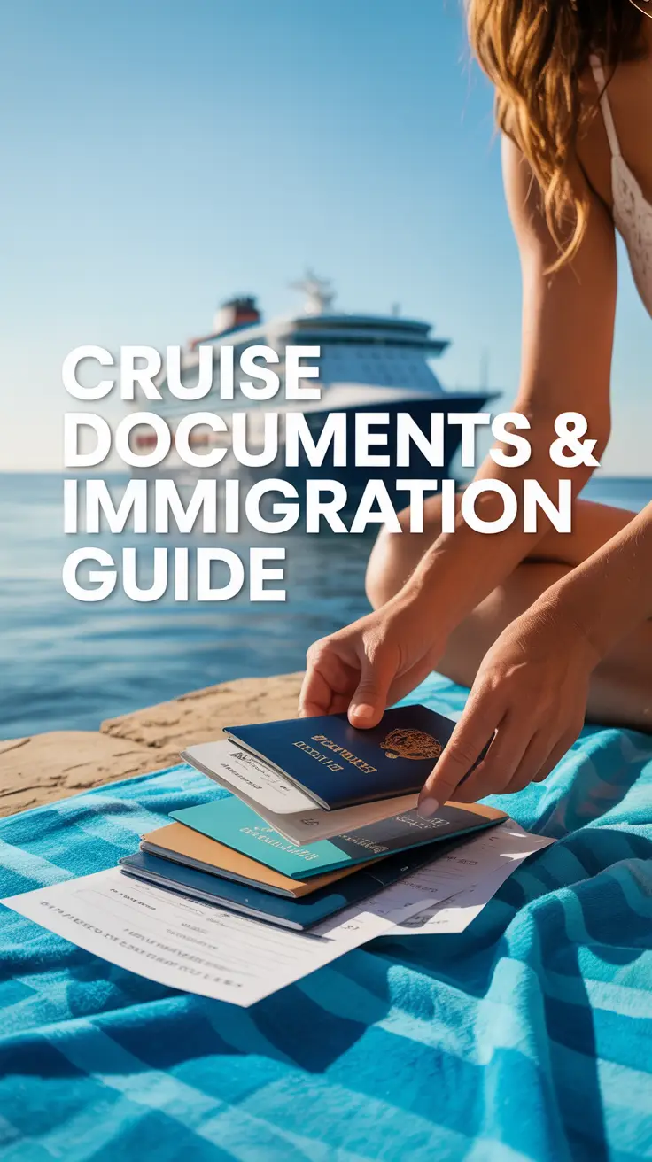 A bright, airy lifestyle advertisement for a cruise line featuring a close-up shot of a traveler's hands organizing passports, boarding passes, and cruise itineraries on a turquoise beach towel under a sunny sky, with a blurred background of a cruise ship on calm ocean waters and bold modern typography reading "Cruise Documents & Immigration Guide."