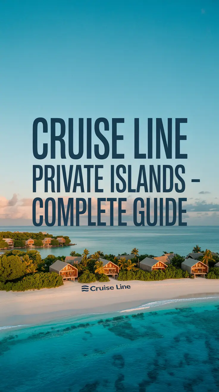 A breathtaking aerial view of a turquoise-watered private island resort with overwater bungalows, tropical foliage, and "Cruise Line" branding in the sand under golden afternoon light, evoking luxury and wanderlust.