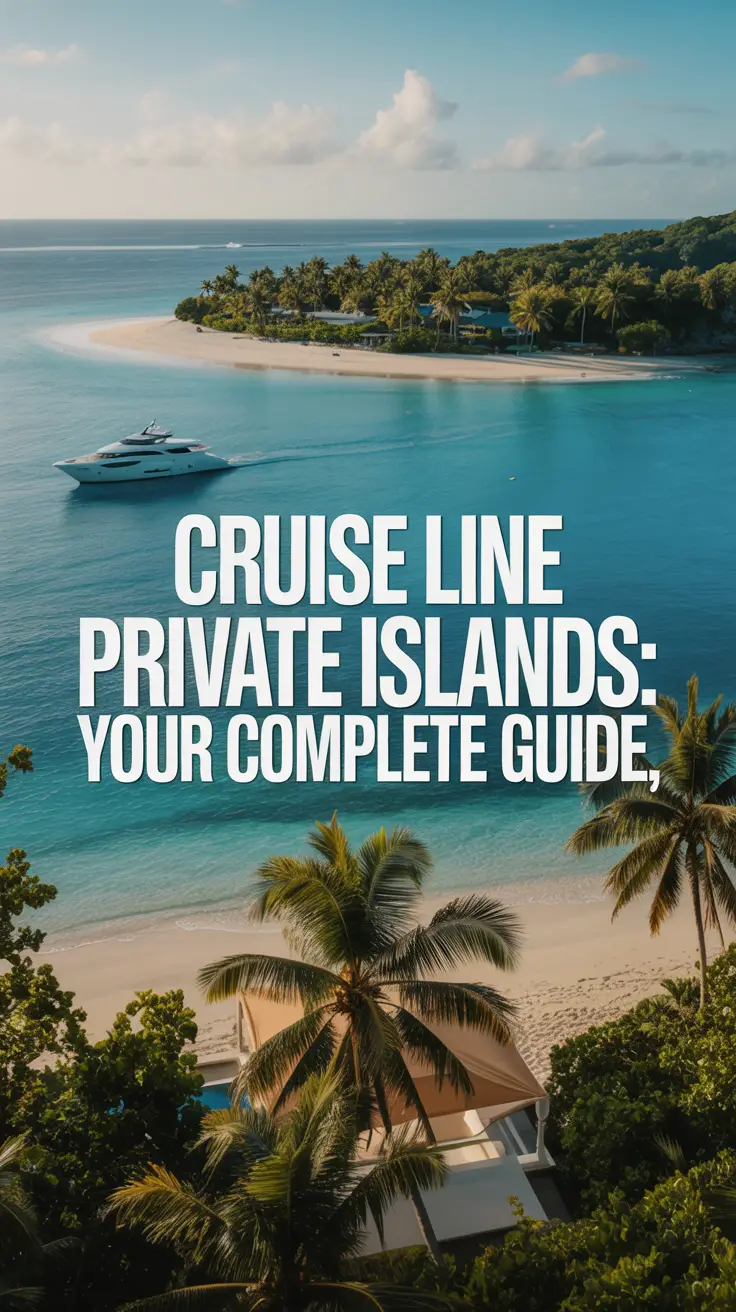 A cinematic aerial view of a tropical private island with turquoise waters, white-sand beaches, lush palm trees, and a luxury yacht in the distance, capturing an aspirational and exclusive cruise lifestyle.