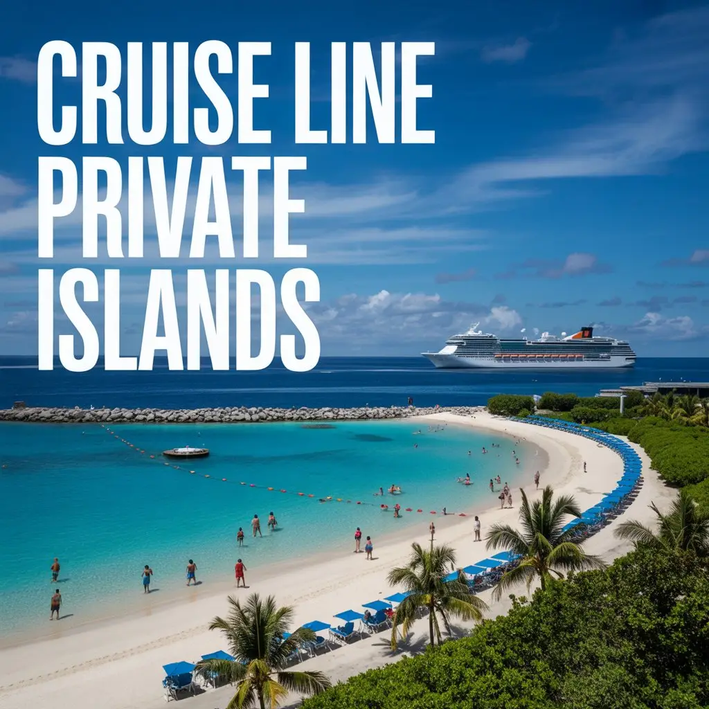Big text overlay to the left: "Cruise Line Private Islands". Don't add any other text. Bright sunny day. Cruise ship in the distant background. Looking from above at a stunning beach.