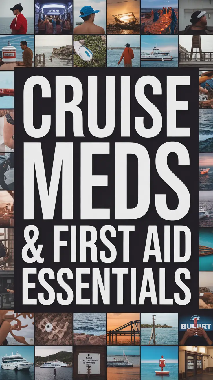 Big text overlay: Cruise Meds & First Aid Essentials displayed in bold white lettering within a large box for high visibility, surrounded by a vibrant collage of realistic images related to cruise travel and medical essentials.