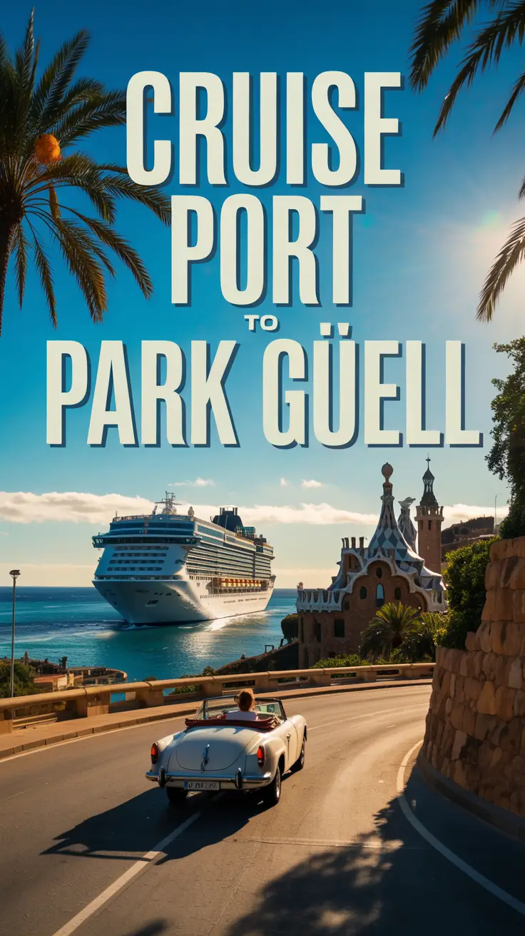 A vibrant travel poster showcasing a scenic route from a bustling cruise port to the iconic Park Güell. The image features a luxury cruise ship gently departing from a sunny port, framed by palm trees and a clear blue sky, leading the eye towards the whimsical architecture of Park Güell perched on a hilltop in the distance. The foreground shows a winding road with a vintage convertible car driving towards the park, bathed in the warm glow of a bright sunny day. The large text overlay "Cruise Port to Park Güell" is prominently displayed across the sky, written in a playful, retro font.