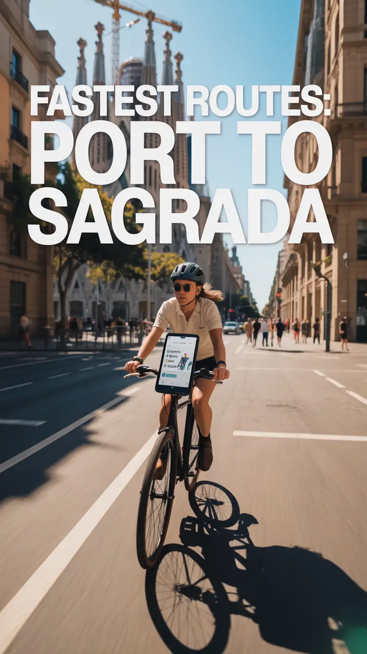 A vibrant lifestyle advertisement for the "Port to Sagrada" navigation app showcasing a cyclist effortlessly navigating a sun-drenched Barcelona street, with the iconic Sagrada Familia basilica visible in the distant background. The composition uses a dynamic perspective, slightly angled to follow the cyclist's path, bathed in bright, warm sunlight with realistic shadows and a shallow depth of field to focus attention on the rider and the app interface displayed on their phone mounted on the handlebars. A large, clean overlay of text reads "Fastest Routes: Port to Sagrada" across the top of the frame in a modern, sans-serif font, conveying ease of use and efficiency against a backdrop of classic architecture and a bustling urban scene, creating a feeling of adventure and seamless navigation.