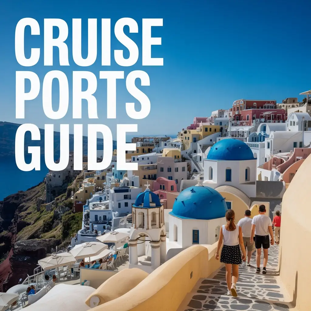 Big text overlay to the left: "Cruise Ports Guide". Don't add any other text. Bright sunny day. Tourists walking in santorini.