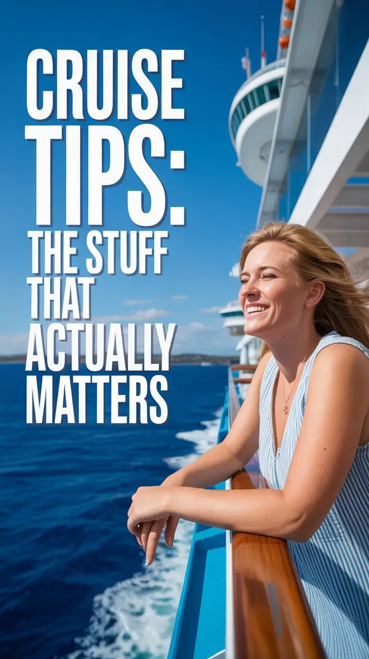 A vibrant lifestyle advertisement depicting a relaxed, average tourist enjoying the sun on the deck of a luxury cruise ship, capturing the essence of carefree vacationing. The scene is bathed in bright, natural sunlight, highlighting the turquoise water and clear blue sky while showcasing the tourist in casual vacation attire, leaning against the railing with a contented smile. To the left of the frame, bold, modern typography displays the text "Cruise Tips: The Stuff That Actually Matters" in a clean white font against the bright background, emphasizing practical advice for cruise travel without overtly displaying a specific brand. The overall mood is optimistic and inviting, conveying a sense of ease and enjoyment, making the advertisement visually appealing and subtly promoting the idea of stress-free cruise vacations.