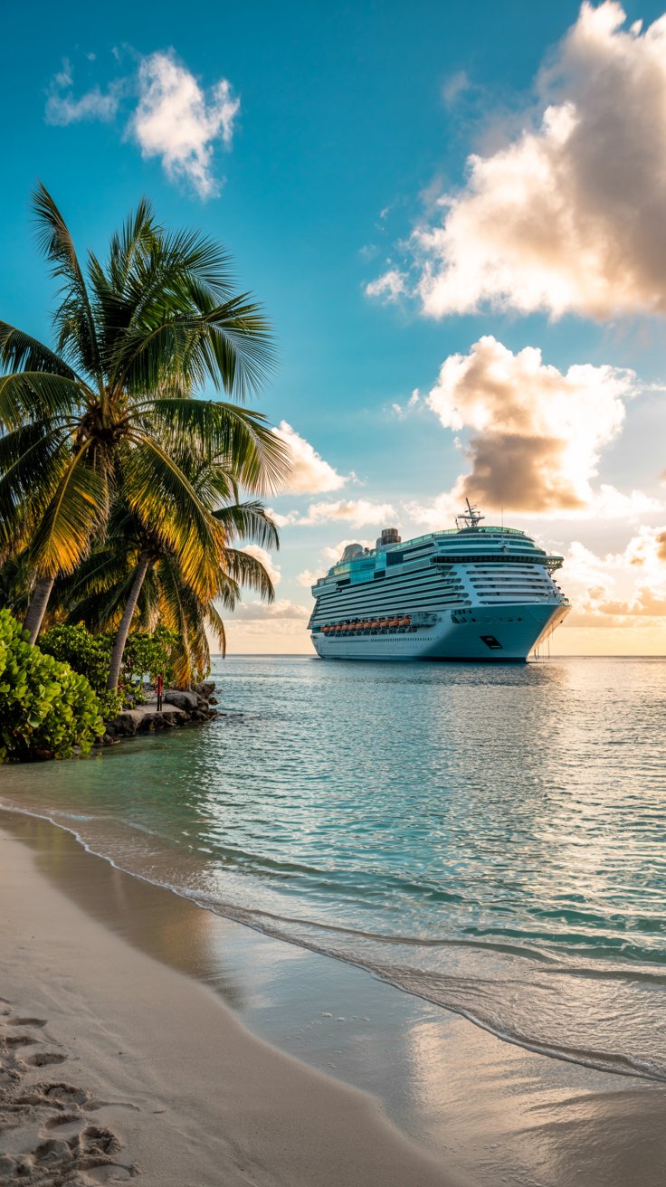 A photograph of a pristine, white-sand Caribbean beach gently sloping into turquoise waters. A large, luxurious cruise ship with vibrant blue and white stripes sits serenely in the distant background, partially obscured by a light sea mist. Lush, emerald-green palm trees line the shore, their fronds swaying gently in a soft breeze, while the sky is a brilliant cerulean blue dotted with fluffy white clouds. Warm, golden sunlight illuminates the scene, casting a shimmering glow on the water and sand.