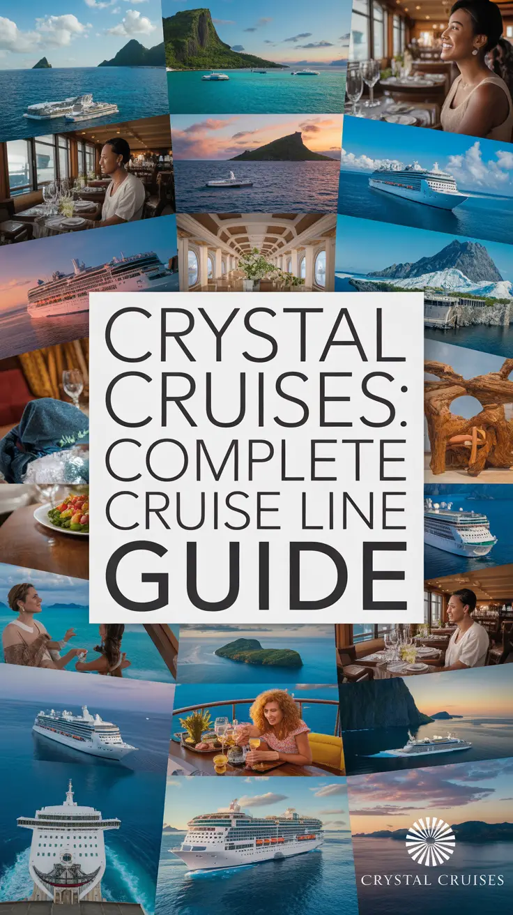 A vibrant product advertisement for Crystal Cruises featuring a luxurious collage of ocean views, elegant dining, exotic destinations such as the Caribbean and Alaska, and happy passengers. The scene is rendered in vivid colors with shallow depth of field, centered around a bold white text box reading “Crystal Cruises: Complete Cruise Line Guide,” with the brand logo subtly placed in the corner. Alt Tag: Luxurious Crystal Cruises ad collage with tropical scenes, elegant dining, and bold central text overlay.