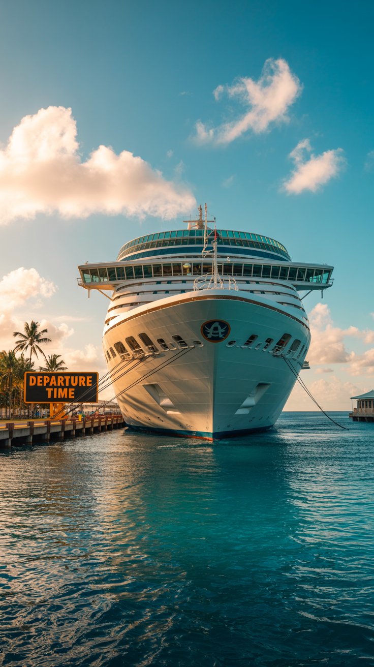A photograph of a large cruise ship gracefully departing a turquoise harbor in the Caribbean. The ship's white hull gleams in the bright sunlight, with “DEPARTURE TIME” prominently displayed on a large illuminated sign near the gangway. Palm trees sway gently along the waterfront, and a clear blue sky with fluffy white clouds provides a stunning backdrop. Warm, golden hour lighting casts a long shadow of the ship as it steadily moves towards the open ocean.