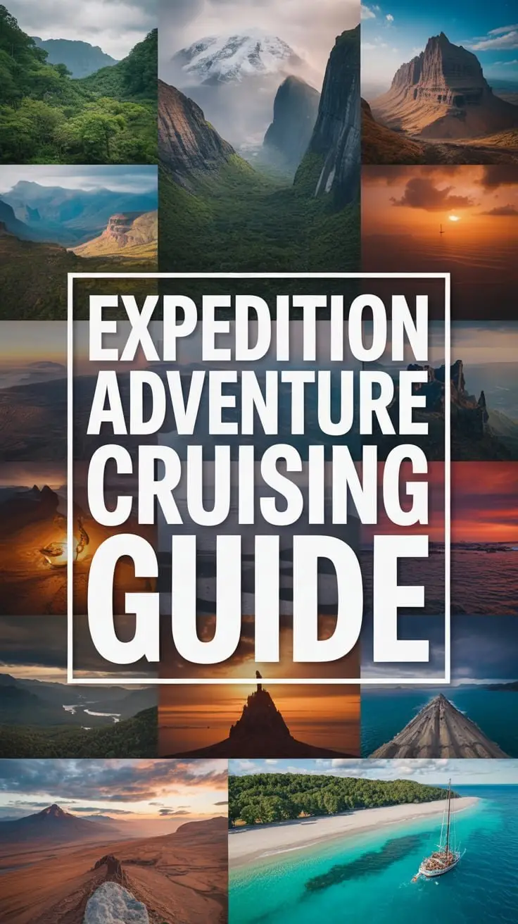 A large, striking box displays "Expedition & Adventure Cruising Guide" in bold white lettering, immediately capturing the eye, surrounded by a vibrant collage of images. The lower portion of the image showcases a dramatic, rocky coastline with turquoise water gently lapping at the shore. Above that, the viewer is transported to a lush, tropical rainforest with dense foliage and towering trees, conveying a sense of untamed wilderness. Further upward, majestic mountain peaks rise from a sea of clouds, bathed in the warm glow of a setting sun, while a panoramic view of fjords reveals a tranquil landscape reflecting the sky. The entire composition evokes a feeling of exploration and discovery.
