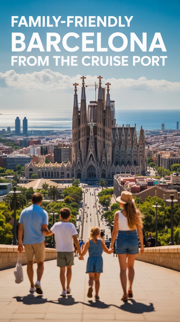 A vibrant travel poster showcasing "Family-Friendly Barcelona from the Cruise Port". The main focus is a wide-angle view of the Barcelona skyline, dominated by the Sagrada Familia bathed in warm sunlight. In the foreground, a happy family of four is strolling along a pedestrian walkway towards the city center, their silhouettes contrasting against the bright backdrop. The scene is set on a clear, sunny day with a sparkling Mediterranean Sea visible in the distance, conveying a sense of joy and exploration.