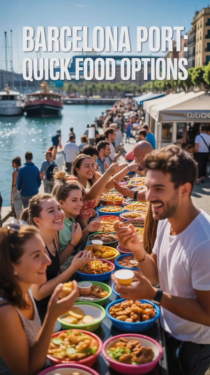 A vibrant lifestyle advertisement showcasing a bustling scene at Barcelona Port, highlighting a variety of quick food options available to visitors. The image captures a sunny, late-afternoon view with colorful food stalls lining the harbor, featuring diverse cuisines and smiling people enjoying their meals against the backdrop of docked boats and the sparkling Mediterranean Sea. Warm, natural lighting illuminates the scene, with a slight depth of field blurring the background to focus attention on the food and activity, and a bold, modern overlay of "Barcelona Port: Quick Food Options" spanning the top of the image in a clean, sans-serif font. The overall aesthetic is energetic and inviting, reflecting the lively atmosphere of the port and emphasizing the convenience and variety of readily available food choices for travelers.