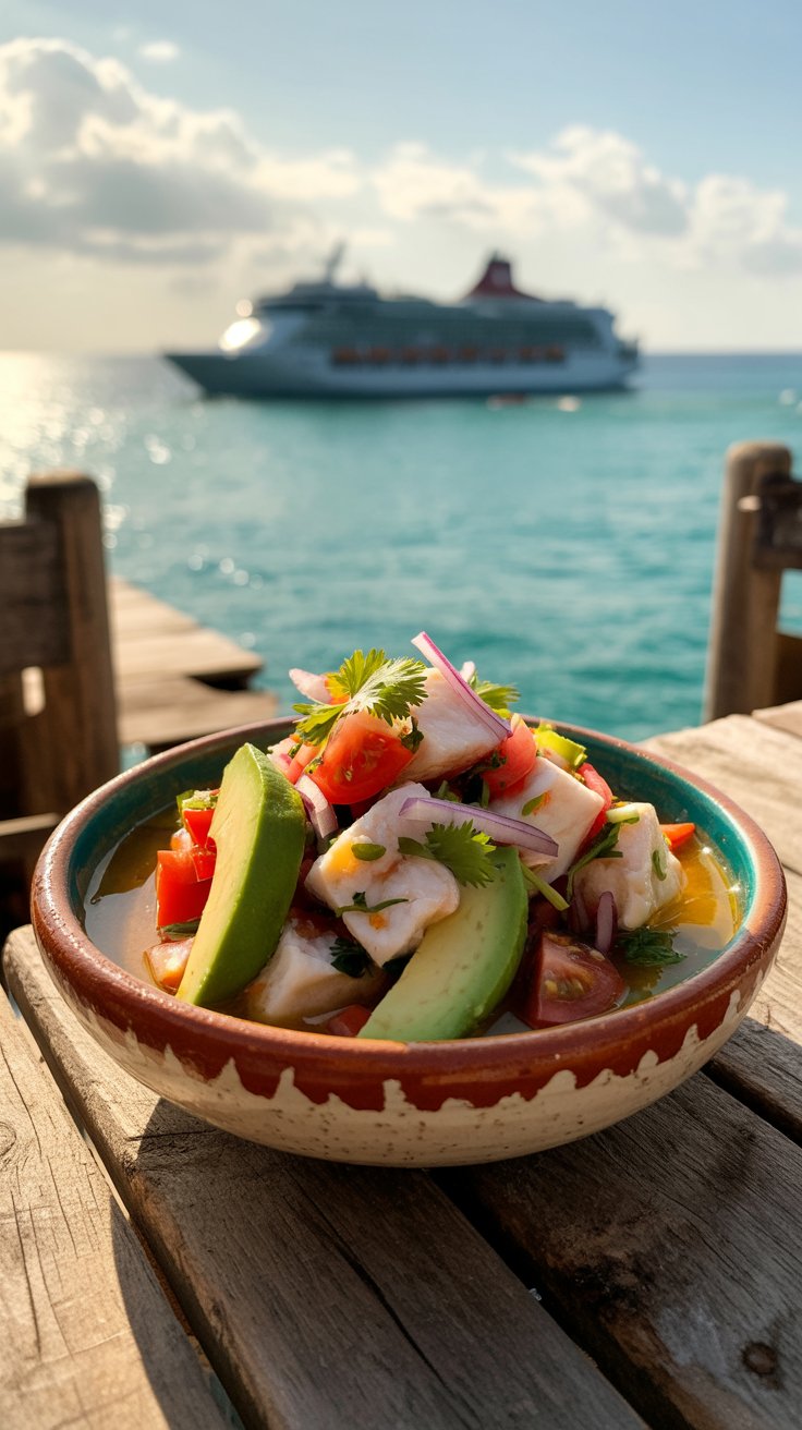 A photograph of a vibrant Mexican fish dish, ceviche, presented in a rustic ceramic bowl on a weathered wooden table. The ceviche contains chunks of fresh white fish marinated in lime juice, along with diced tomatoes, red onion, cilantro, and slivers of avocado, glistening under the bright sunlight. In the distant background, a large cruise ship is visible on the turquoise waters of Cozumel, partially obscured by a light tropical haze. Warm, golden sunlight illuminates the scene, casting soft shadows and enhancing the colors of the food and the surrounding coastal environment.
