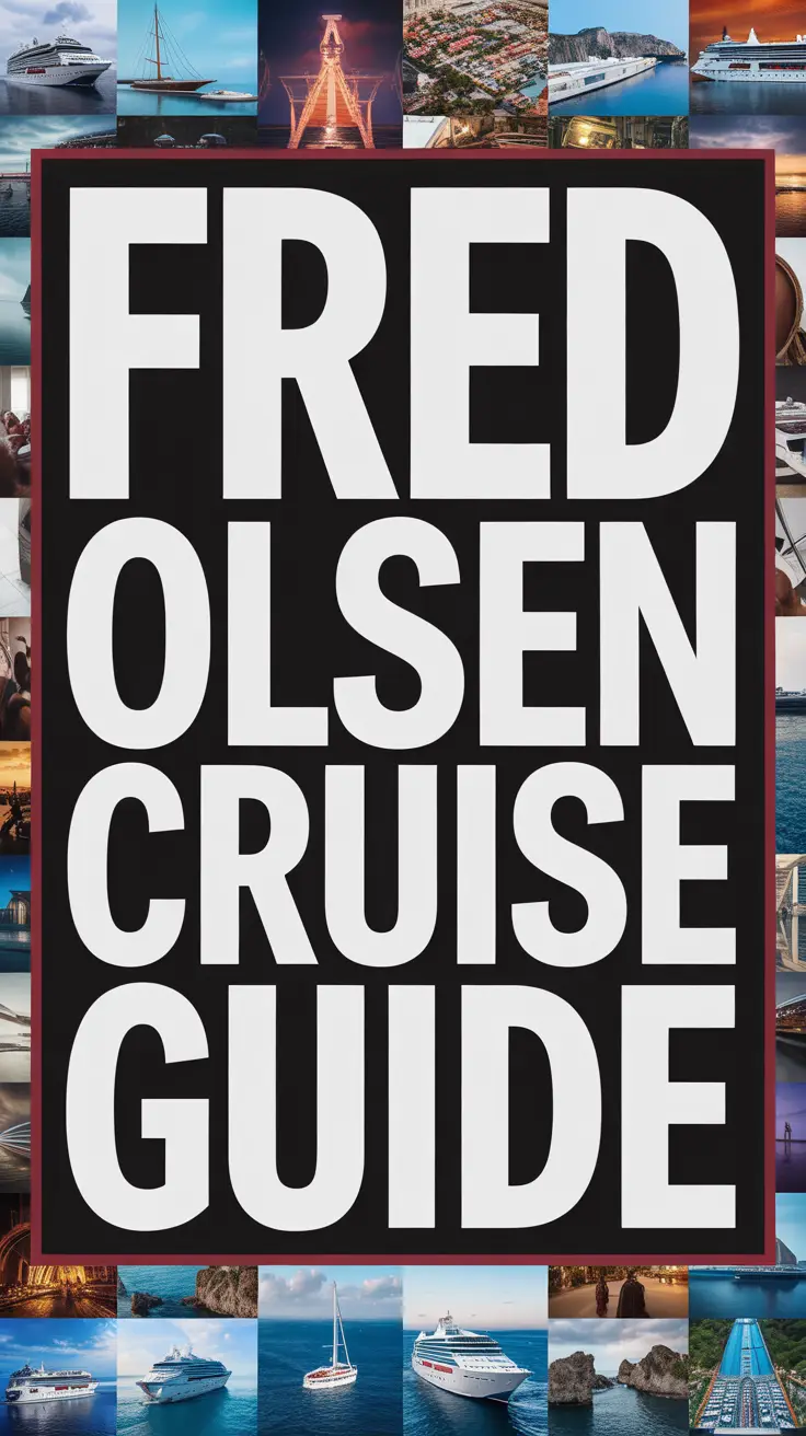 Big text overlay: Fred Olsen Cruise Guide. It's designed to immediately grab attention with its thick, distinctive lettering set prominently in a big box, utilizing a simple yet striking bold white color for maximum visibility. Surrounding this eye-catching typography, a collage of vibrant images. No other text. Alt Tag: Bold white text reading "Fred Olsen Cruise Guide" in a large box, designed for high visibility, surrounded by a vibrant collage of realistic travel images.