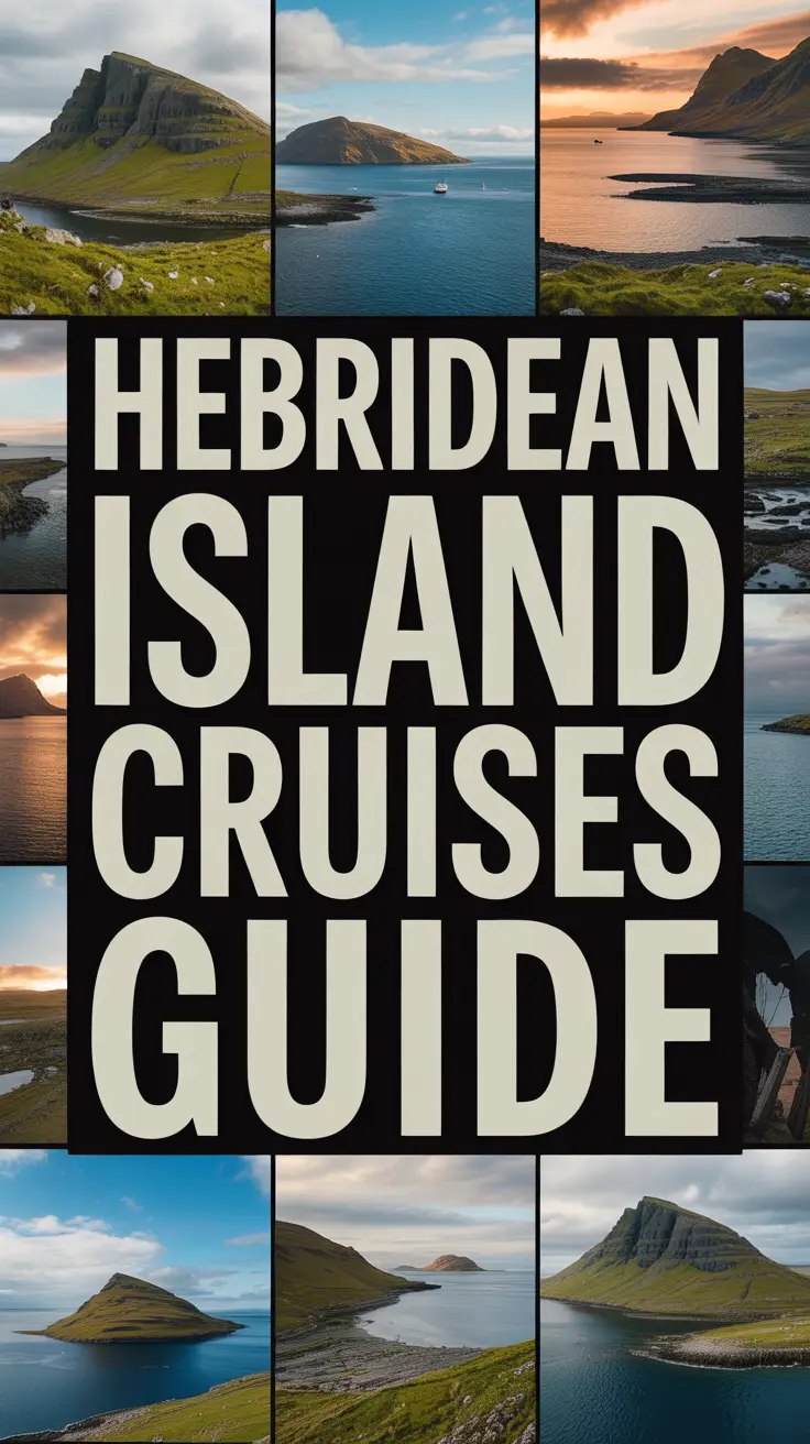 Big text overlay: Hebridean Island Cruises Guide. It's designed to immediately grab attention with its thick, distinctive lettering set prominently in a big box, utilizing a simple yet striking bold white color for maximum visibility. Surrounding this eye-catching typography, a collage of vibrant images. No other text.