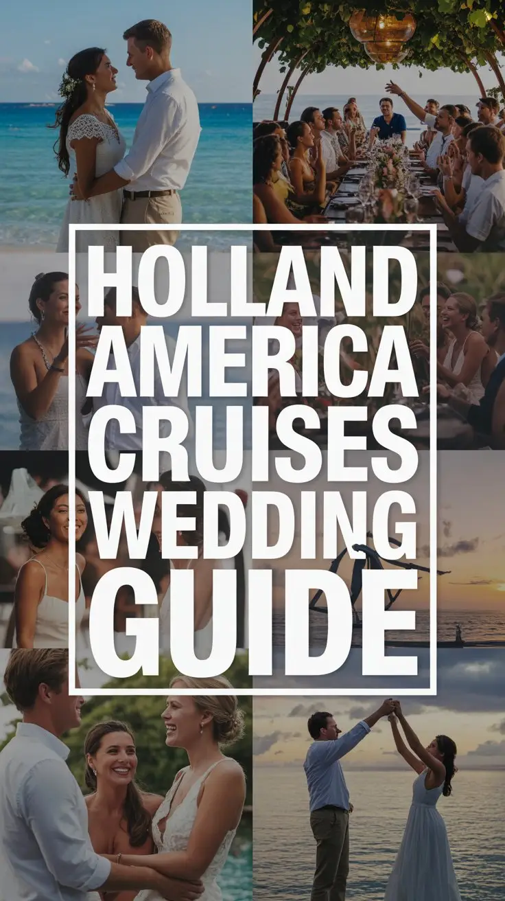 A vibrant lifestyle advertisement for Holland America Cruises' Wedding Guide showcasing a series of intimate, sun-drenched vignettes of couples celebrating their nuptials on exotic shorelines. The collage features candid moments: a couple exchanging vows on a pristine beach with turquoise water, a joyful reception under a canopy of lush greenery, and a romantic sunset toast with close friends and family. Overlaid prominently across the images is a large, rectangular box containing the text "Holland America Cruises Wedding Guide" in bold, crisp white lettering, designed for immediate impact and readability. The overall aesthetic is warm, romantic, and aspirational, emphasizing the brand's ability to curate unforgettable destination wedding experiences with a sophisticated and timeless mood.