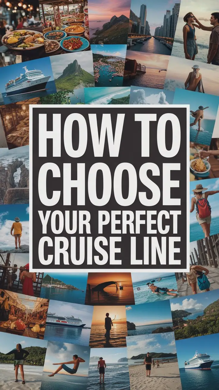 A vibrant lifestyle advertisement designed to inspire travel planning, featuring a dynamic collage of images representing diverse vacation experiences rather than cruise ships. The collage includes scenes of exotic food markets, stunning mountain landscapes, bustling cityscapes, serene beaches, and adventurous activities like hiking and snorkeling, all rendered in a bright and airy style with warm, inviting lighting. Dominating the center is a large, clean box containing the bold white text "How to Choose Your Perfect Cruise Line," its thick lettering ensuring immediate attention and creating a strong visual anchor amidst the surrounding imagery. The overall mood is aspirational and energetic, using a playful arrangement of photographs to convey a sense of limitless possibilities and the excitement of discovering the ideal travel adventure.