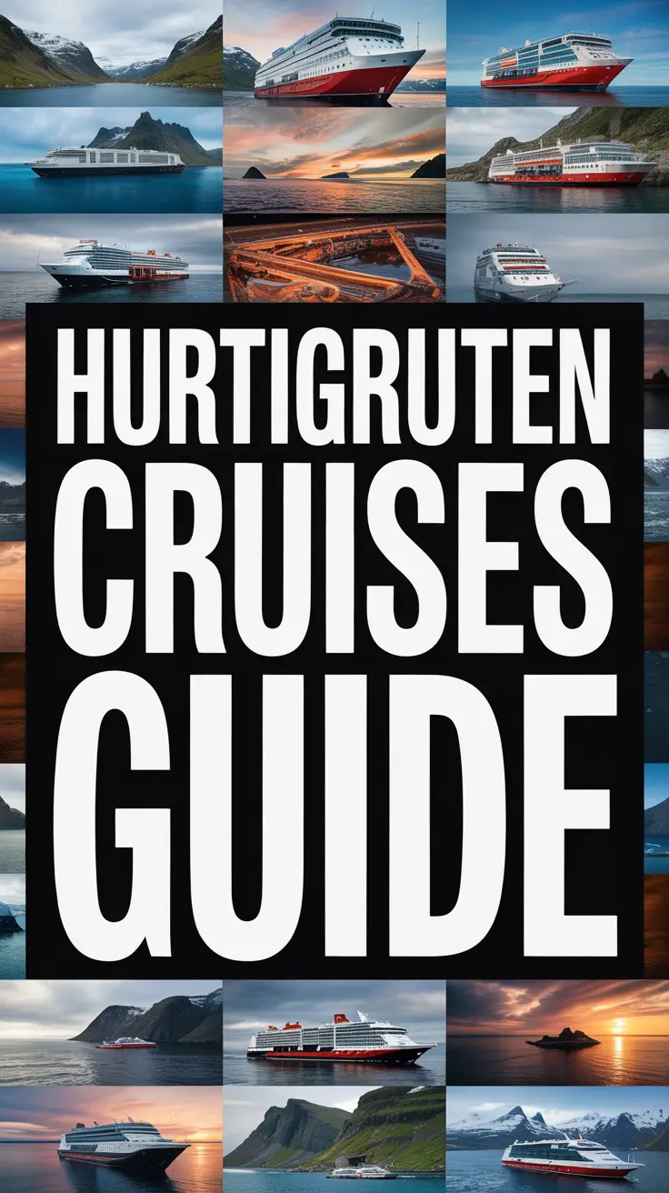 Big text overlay: "Hurtigruten Cruises Guide" in bold white lettering centered in a prominent box, surrounded by a vibrant collage of realistic imagery showcasing scenic cruise destinations and maritime travel atmosphere.