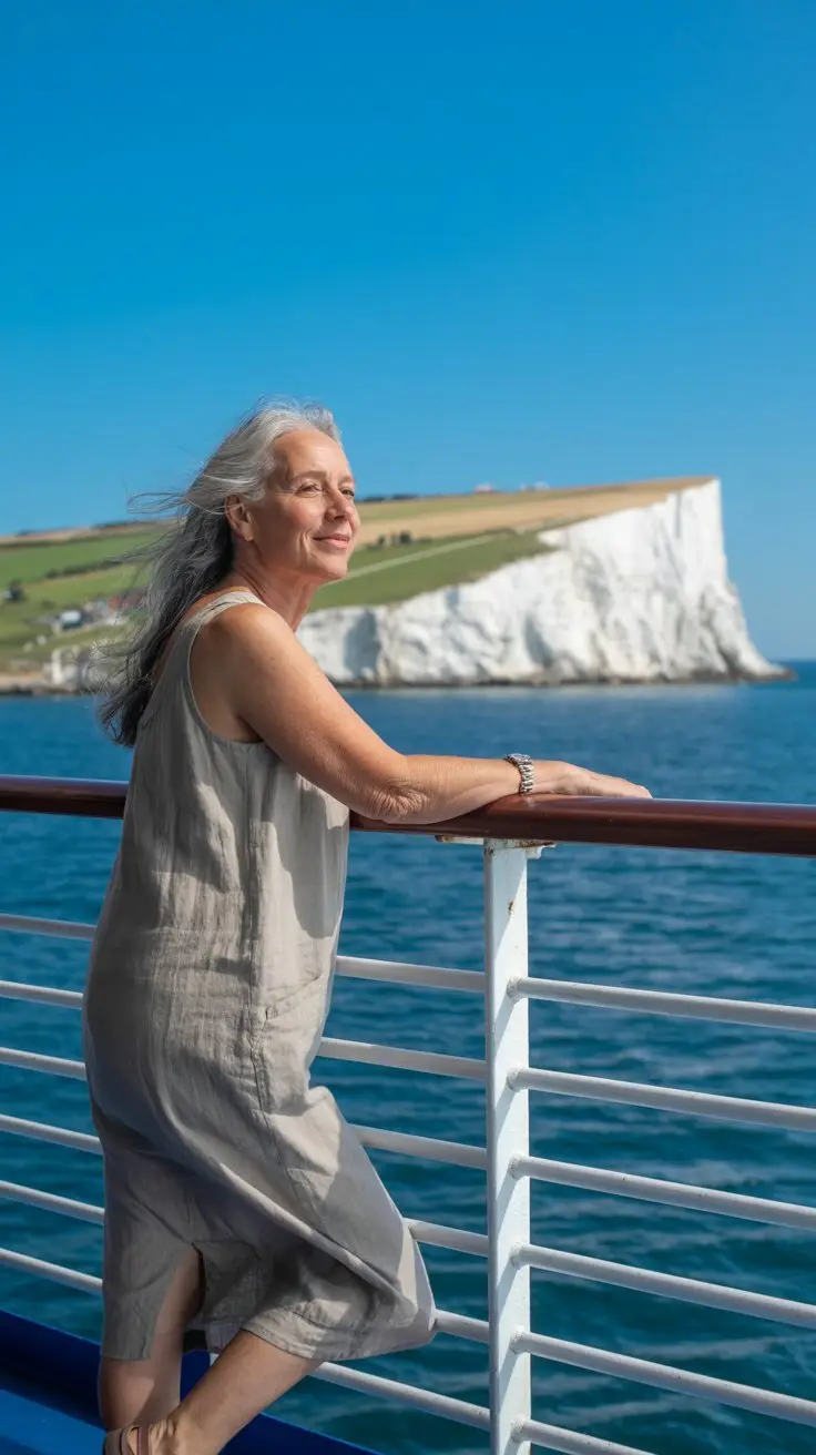 A candid photograph captures a long grey-haired lady casually leaning against the railing of a cruise ship, her expression serene and relaxed. She is wearing a comfortable linen sundress and sandals, her silver hair gently blowing in the breeze, with kind eyes and a slight smile. Behind her, the iconic white cliffs of "Dover" rise majestically from the shimmering blue waters under a bright, cloudless sky, bathed in the warm glow of the afternoon sun. The composition is simple and focused, emphasizing the woman’s peaceful connection to the scenic backdrop.