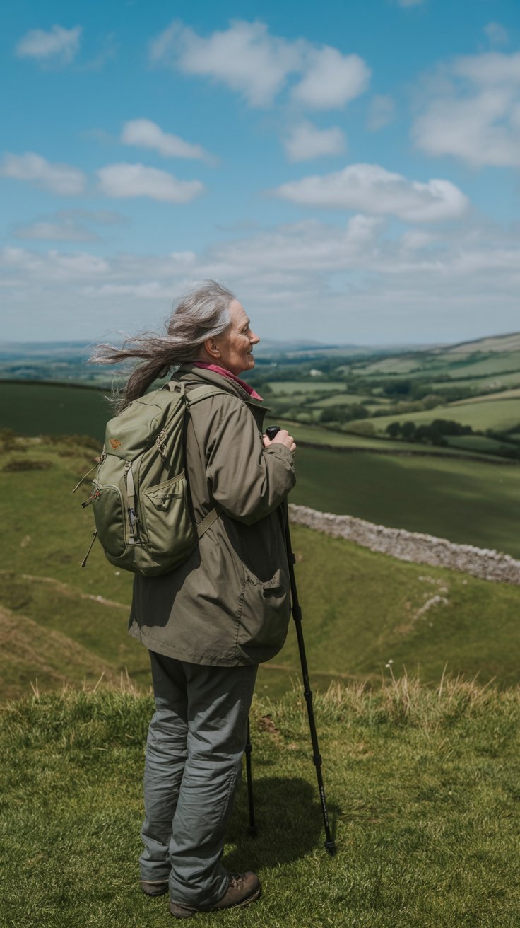 A photograph of an elderly woman with long, flowing grey hair standing on a windswept hill in the UK. She is dressed in practical hiking gear, including sturdy boots, a waterproof jacket, and a small olive green backpack, gripping a walking pole as she gazes out at the rolling green landscape. The view encompasses lush fields, a distant stone wall, and a patch of blue sky dotted with fluffy white clouds, all bathed in the warm light of a bright sunny day. The scene conveys a sense of peaceful solitude and the beauty of the British countryside.
