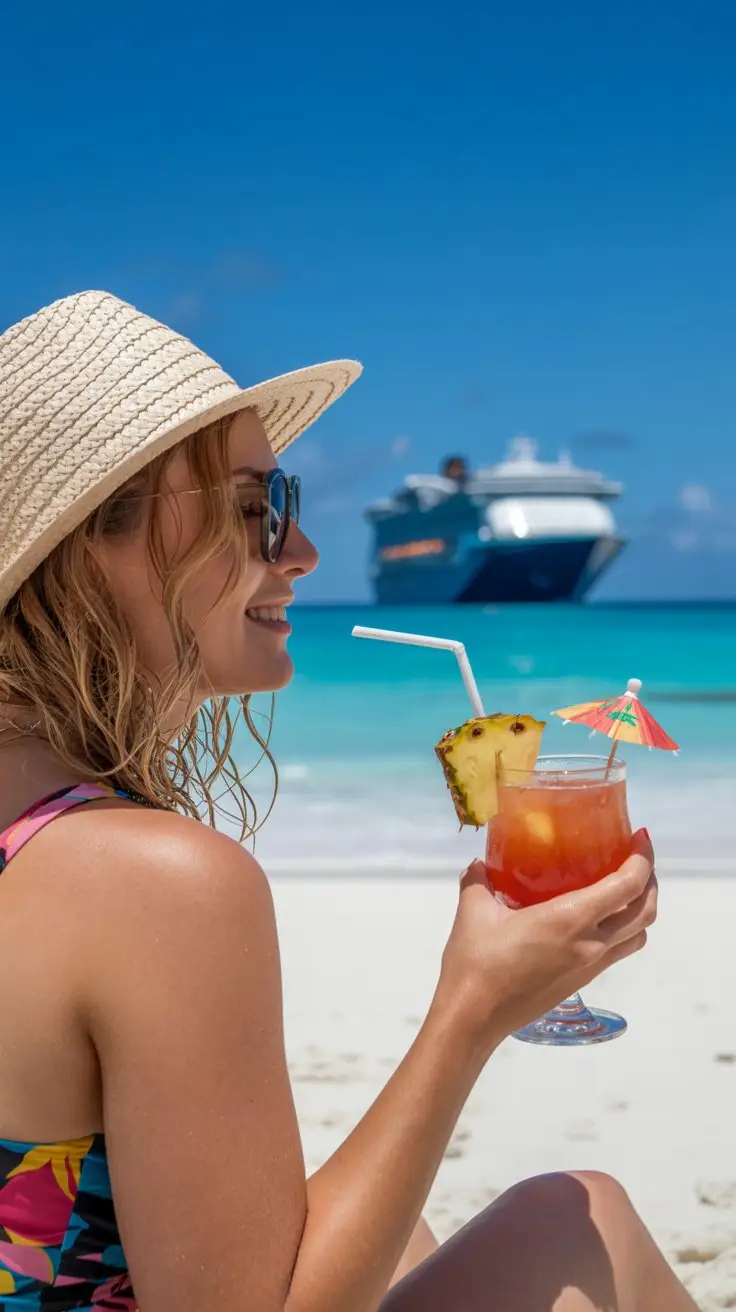 A photograph of a relaxed tourist sitting on a pristine white sand beach in the Caribbean. She is wearing a vibrant floral swimsuit, a wide-brimmed straw sun hat, and dark sunglasses, with damp, wavy blonde hair framing her face. In her hand, she holds a colorful tropical cocktail with a miniature paper umbrella and a slice of pineapple. A large cruise ship sits in the distant background, partially obscured by a gentle sea mist under a bright, cloudless sunny day.