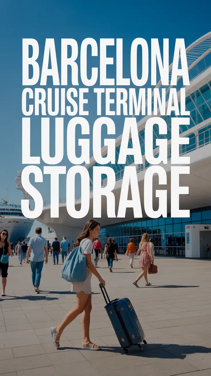 A bright, lifestyle product advertisement showcasing the Barcelona Cruise Terminal Luggage Storage service with a focus on ease and convenience. The image depicts a modern, bustling cruise terminal exterior on a sunny day, featuring travelers effortlessly dropping off their luggage at a clearly marked storage kiosk with a vibrant blue and white color scheme, highlighting the secure and efficient service. A large, eye-catching overlay in a bold, sans-serif font reads “Barcelona Cruise Terminal Luggage Storage” across the top third of the image, while travelers in the background are smiling and heading towards the cruise ships, creating a sense of relaxed anticipation. The overall aesthetic is clean, optimistic, and portrays a seamless travel experience, reinforcing the message of hassle-free luggage management.