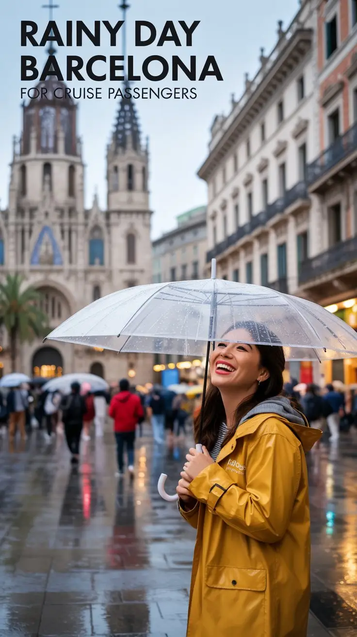 A vibrant travel poster depicting "Rainy Day Barcelona for Cruise Passengers". The scene showcases a wide, bustling street in Barcelona, with iconic Gothic architecture glistening under a light rain, capturing a moment of vibrant city life. A cheerful cruise passenger, clad in a yellow raincoat, is smiling while holding an umbrella and gazing at the architectural details, suggesting a joyful travel experience. The background features blurred figures of locals and tourists, reflecting in the wet cobblestone streets, with soft, diffused lighting illuminating the colorful facades and creating a sense of cozy ambiance.