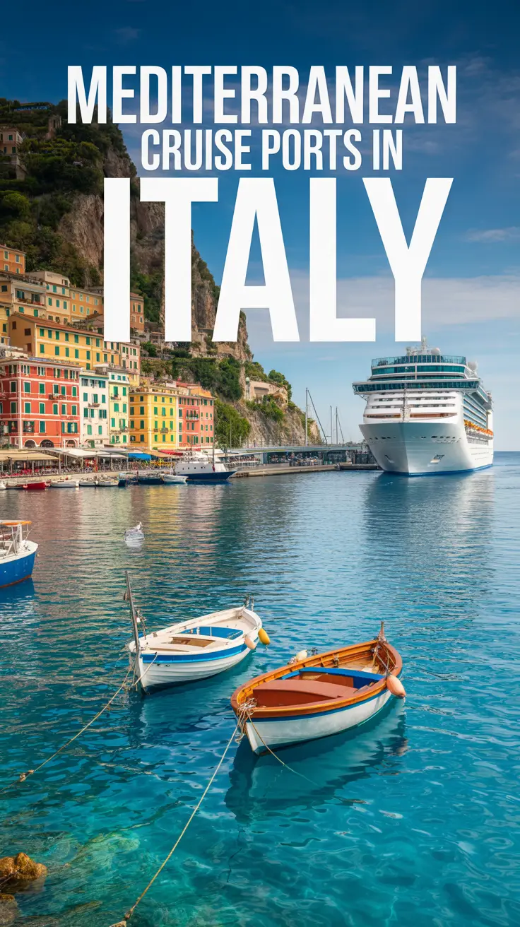 A vibrant travel poster of a sunlit Italian harbor with colorful cliffside buildings, a cruise ship arriving, and charming fishing boats on turquoise waters.