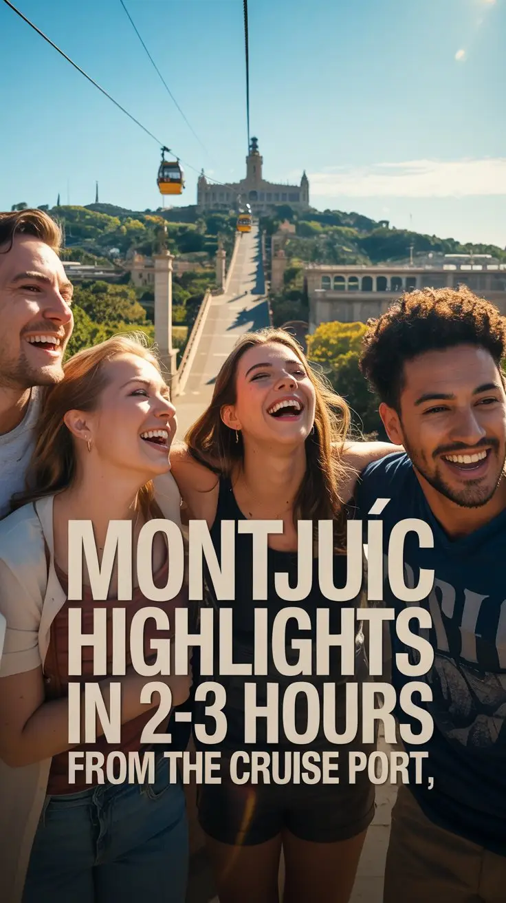 A vibrant lifestyle advertisement showcasing a group of smiling tourists experiencing the highlights of Montjuïc, Barcelona, with the iconic Montjuïc Castle visible in the background on a bright, sunny day. The composition features a panoramic view, capturing the cable car ascending the hill alongside lush greenery and striking architecture, all bathed in warm, natural light with a slight golden hour glow. Overlaying the scene in a bold, legible font is the text "Montjuïc Highlights in 2-3 Hours from the Cruise Port," positioned strategically to avoid obstructing the view while maintaining maximum visibility and impact. The overall aesthetic is energetic and inviting, conveying the ease and enjoyment of a quick, memorable Montjuïc excursion with a modern, travel-focused appeal.