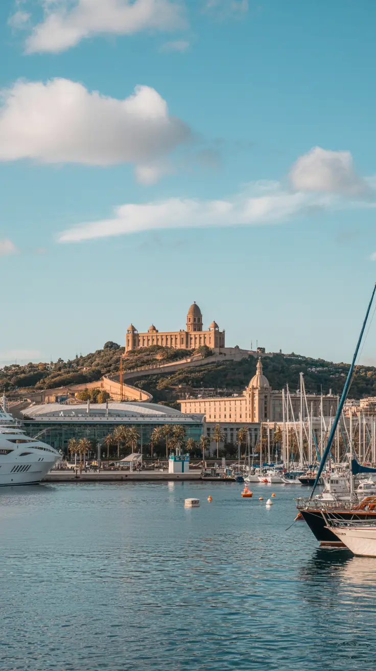 A vibrant travel photography style image showcasing "Montjuïc Highlights from Port". The scene focuses on a panoramic view of Montjuïc hill overlooking the harbor, featuring the iconic Montjuïc Castle prominently displayed on its peak, bathed in warm sunlight. Below, the bustling port of Barcelona is visible with boats and yachts gently rocking in the calm waters, all under a clear blue sky with scattered fluffy clouds. The overall composition is framed by the gentle curve of the coastline, creating a picturesque and inviting view on a bright sunny day.