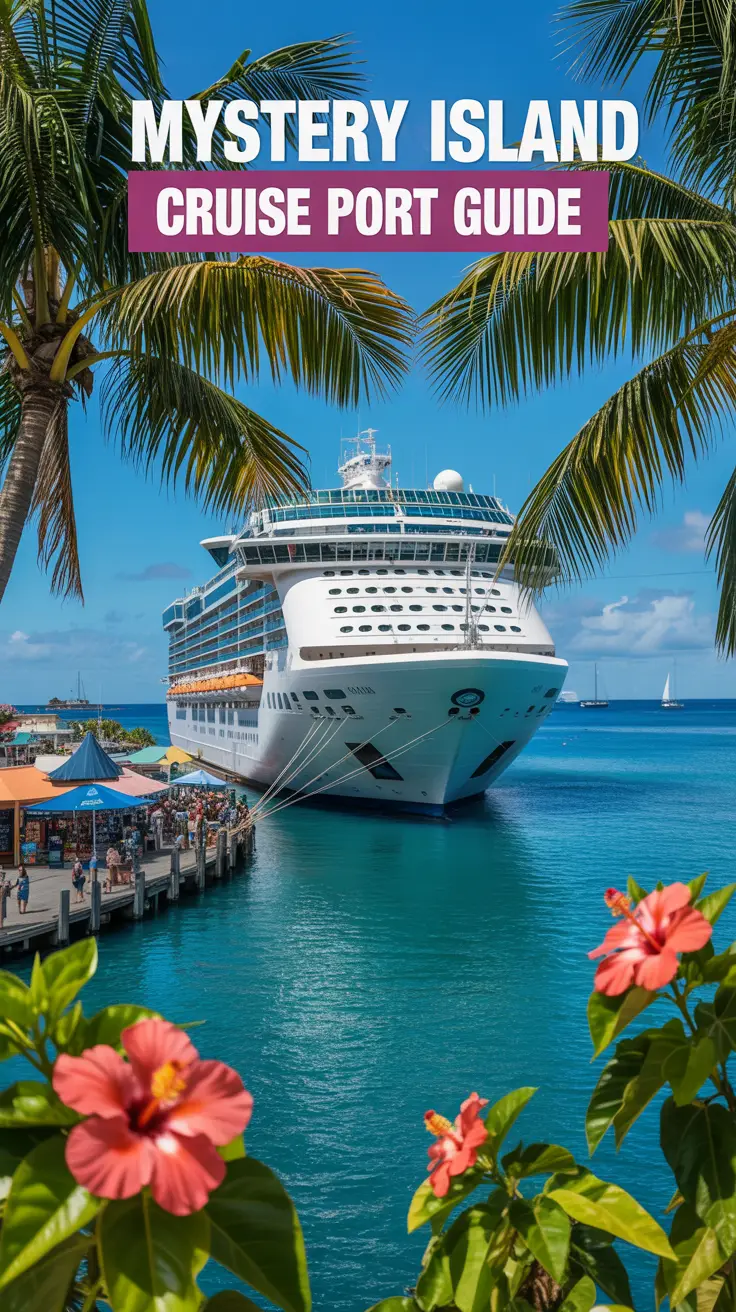 A vibrant travel poster highlighting "Mystery Island Cruise Port Guide" with a realistic depiction of a pristine white cruise ship docked at a lively tropical port. The scene features colorful shops, lush green palm trees, and bright hibiscus flowers under a sunlit sky. Turquoise waters reflect the clear blue above, while small sailboats sail along the horizon, evoking a sense of adventure and island paradise.