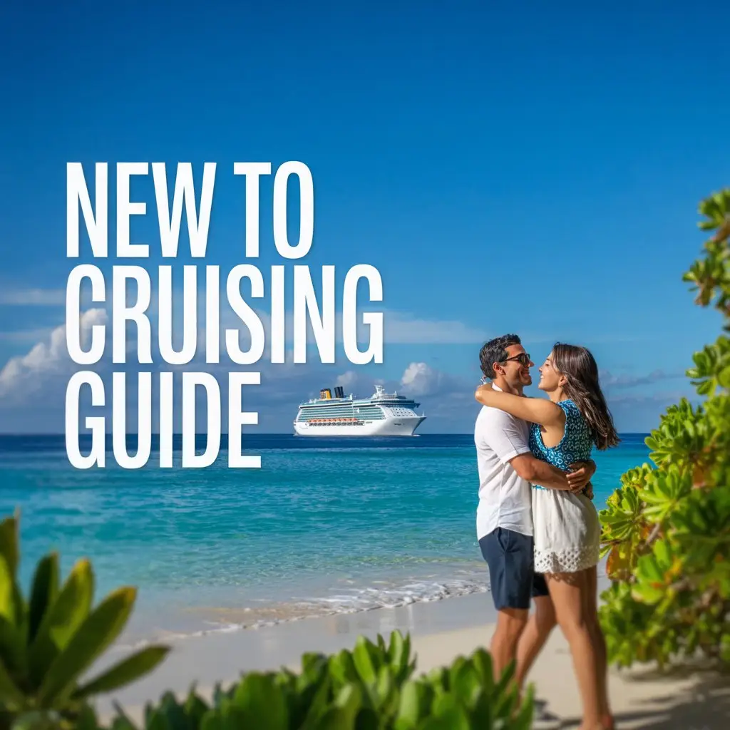 A vibrant lifestyle advertisement showcasing a breathtaking ocean view featuring a luxury cruise ship gently sailing in the distant background under a brilliant, cloudless sky. The foreground focuses on a couple joyfully embracing on a pristine white sand beach, evoking feelings of relaxation and adventure, with turquoise water gently lapping at the shore and lush tropical foliage framing the scene. Positioned prominently to the left of the image is a large, stylized text overlay reading "New to Cruising Guide" in a modern, clean font against a slightly blurred background to ensure readability. The overall aesthetic is bright, optimistic, and aspirational, utilizing a warm color palette and shallow depth of field to create a luxurious and inviting atmosphere that captures the essence of a perfect cruise vacation.