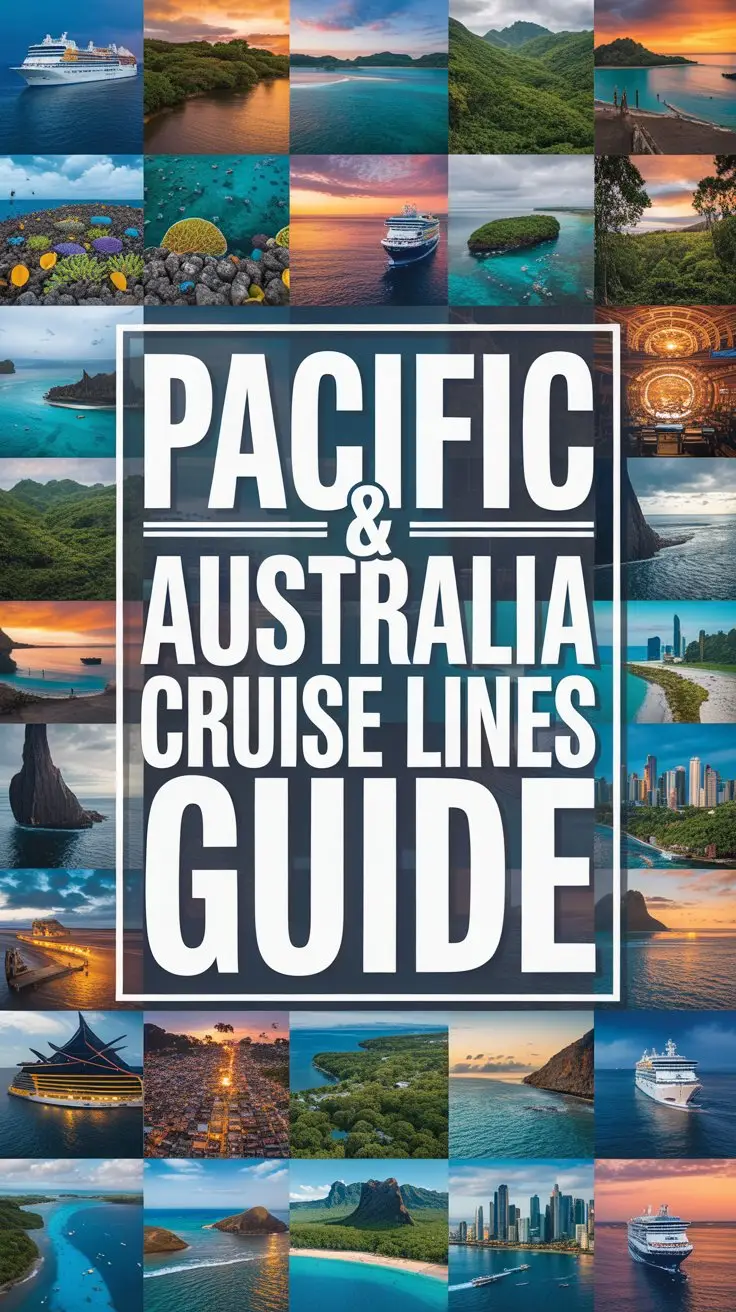 A vibrant, collage-style advertisement for Pacific & Australia Cruise Lines featuring a dynamic arrangement of captivating images showcasing diverse landscapes and cultural experiences, excluding any cruise ship imagery. The collage incorporates scenes of the Great Barrier Reef teeming with colorful marine life, lush Australian rainforests, serene Polynesian beaches, and bustling cityscapes of Pacific islands, all bathed in warm, saturated sunlight and exhibiting a high level of detail. Dominating the center of the composition is a large, rectangular box containing the bold white text "Pacific & Australia Cruise Lines Guide" in a distinctive, thick typeface, ensuring immediate attention and readability against the colorful backdrop, conveying a sense of adventure and discovery. The overall aesthetic is bright, energetic, and aspirational, designed to evoke wanderlust and inspire potential travelers to explore the wonders of the Pacific and Australia.