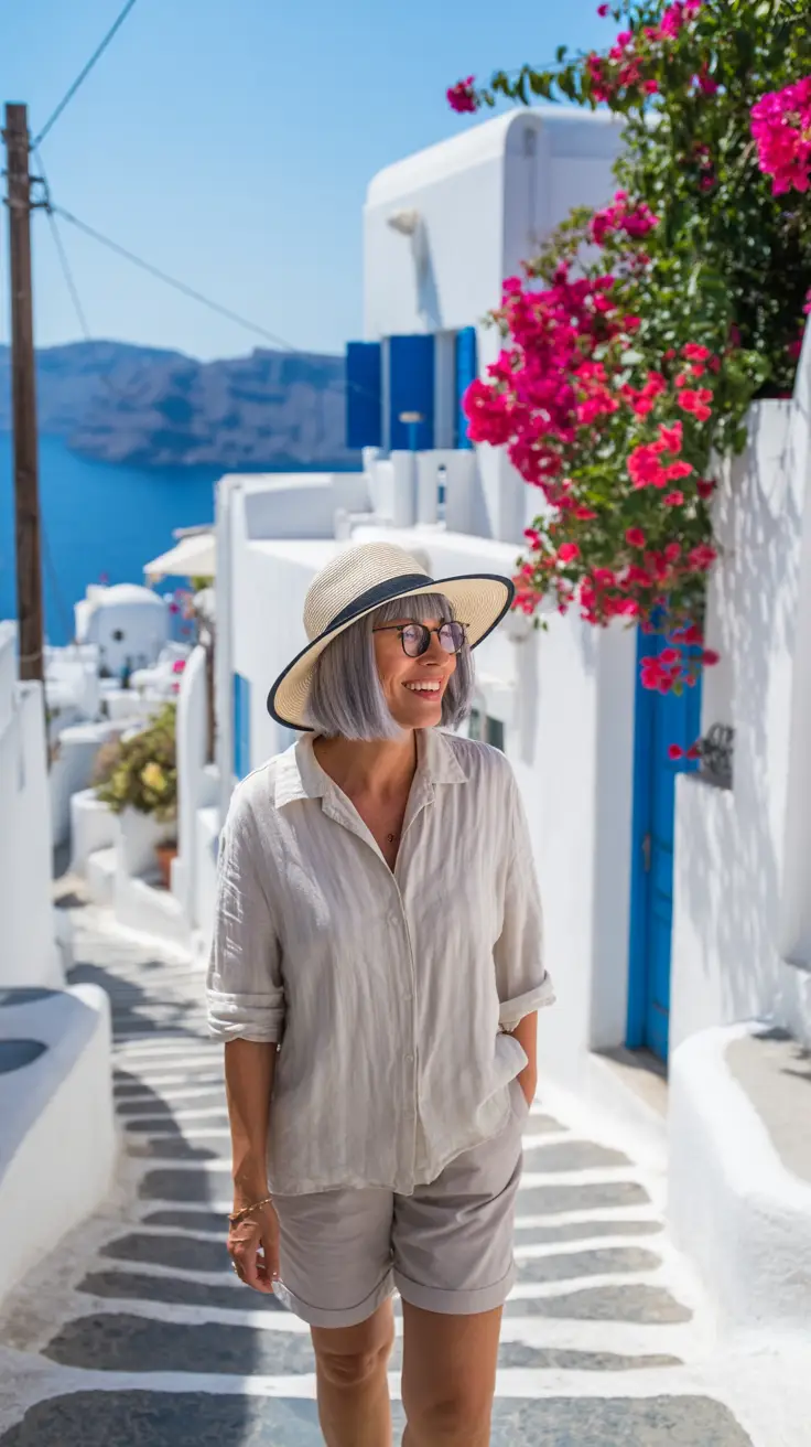 A vibrant, sun-drenched photograph captures a short, straight-haired lady with striking grey hair, comfortably strolling through the iconic white-washed streets of Santorini. She wears stylish glasses and a wide-brimmed sunhat with a neat black trim, dressed in a loose-fitting linen shirt and casual beige shorts, exuding a relaxed and confident demeanor. The narrow cobblestone path curves gently ahead, framed by traditional whitewashed buildings adorned with vibrant blue shutters and overflowing bougainvillea, all bathed in the warm glow of a bright sunny day. The background showcases the sparkling azure Aegean Sea in the distance, creating a picturesque and inviting scene.