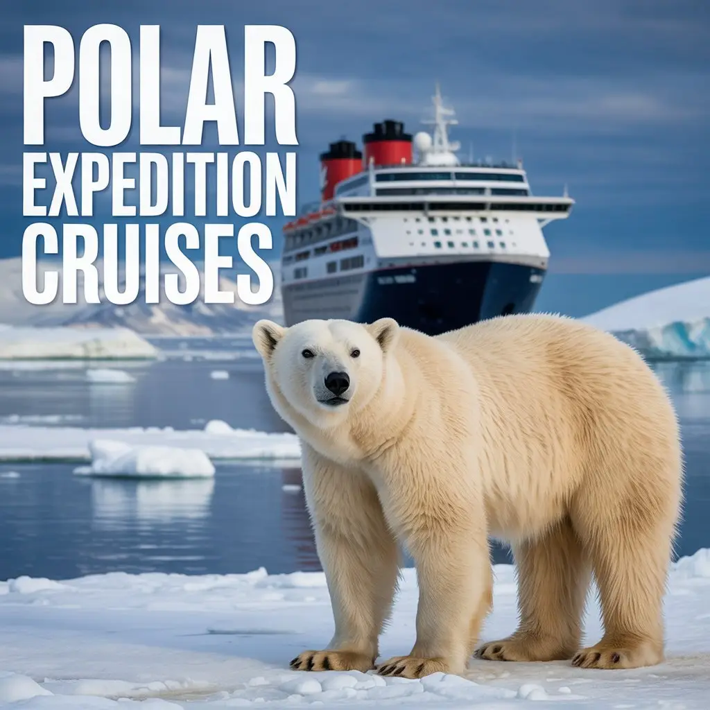 Big text overlay to the left: "Polar Expedition Cruises". Don't add any other text. Cruise ship in the distant background. Polar bear.