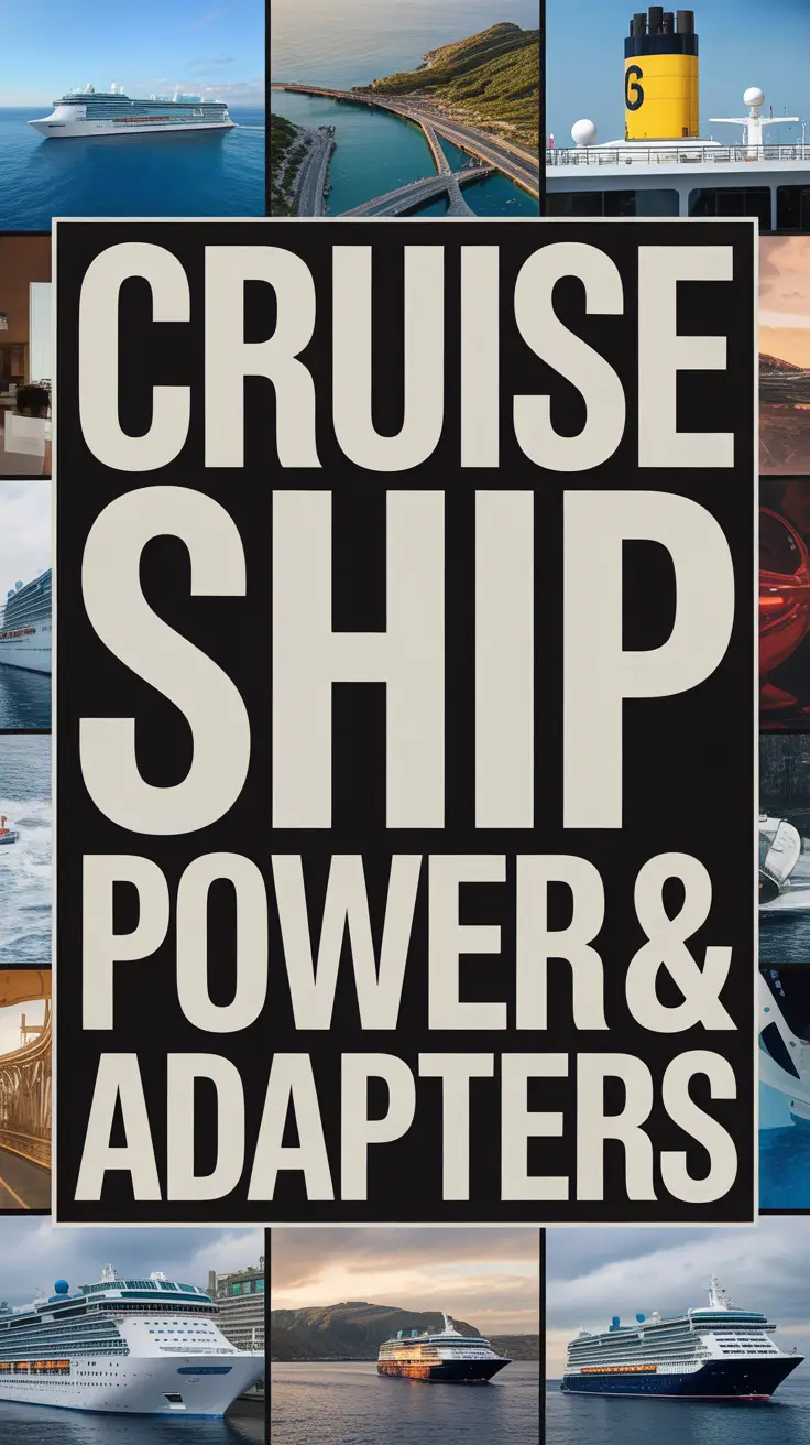 Big text overlay: "Cruise Ship Power & Adapters" in bold white lettering centered in a large box for high visibility, surrounded by a vibrant collage of realistic cruise-related images.