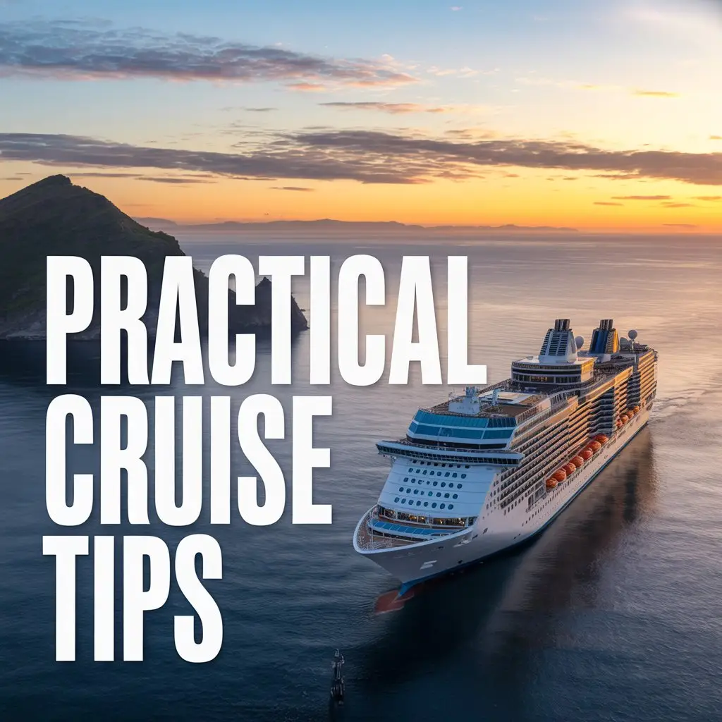 Big text overlay to the left: "Practical Cruise Tips". Don't add any other text. Cruise ship in the distant background.