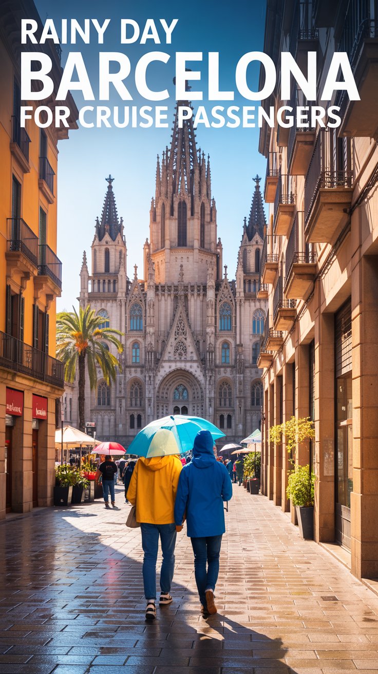 A vibrant travel poster showcasing "Rainy Day Barcelona for Cruise Passengers". The main focus is a wide, sun-drenched view of the iconic Gothic Quarter of Barcelona, featuring the Barcelona Cathedral glistening with raindrops reflecting the sunlight. In the foreground, a cheerful couple, dressed in rain gear, strolls along a cobblestone street lined with colorful shops, with glimpses of the Mediterranean Sea in the distance. The scene is bathed in warm, golden light, creating a picturesque atmosphere of charm and inviting exploration, while maintaining a bright and airy feel despite the rain.