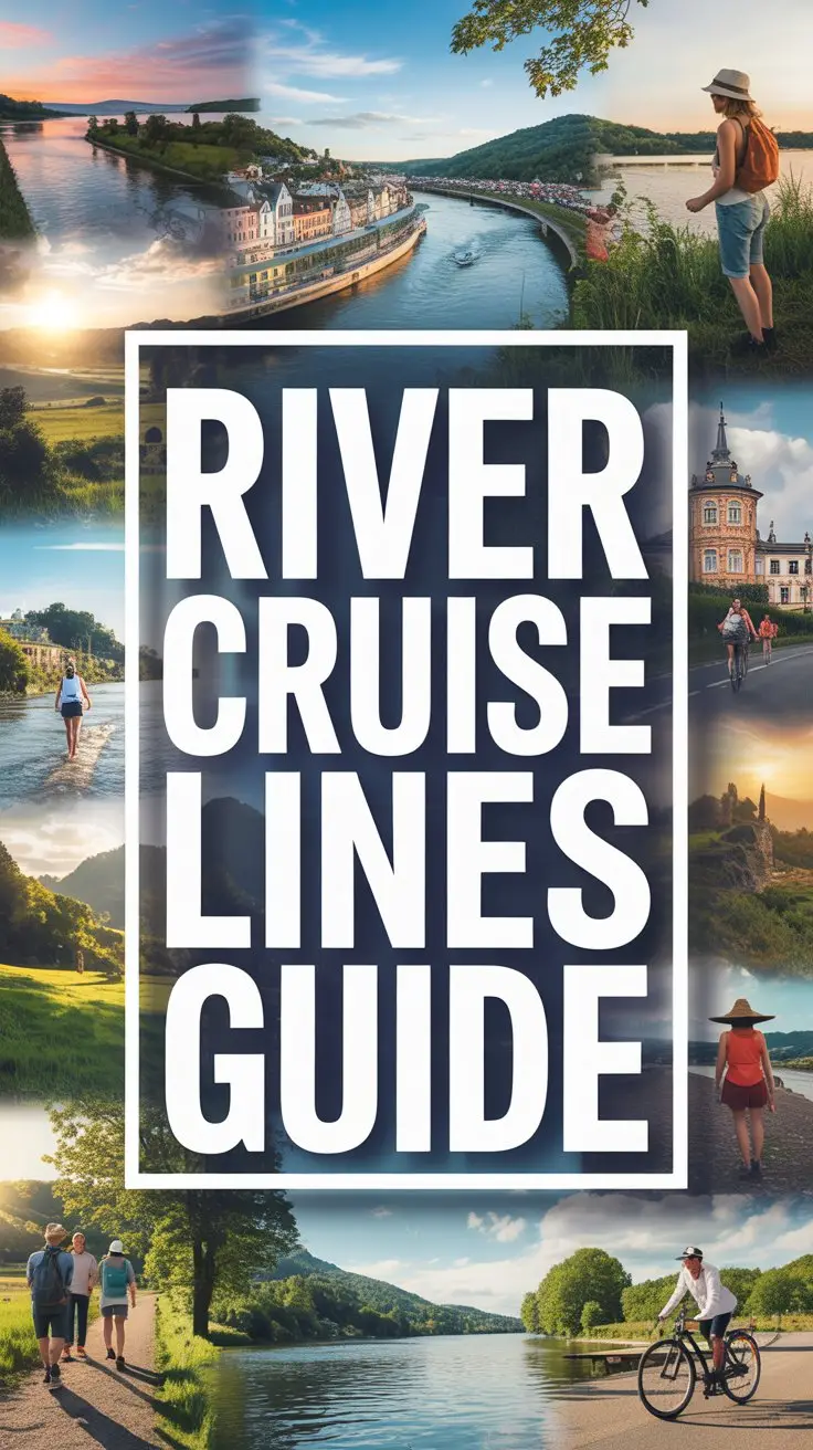 A striking lifestyle advertisement for River Cruise Lines features a dynamic collage of scenic landscapes, including rolling hillsides, charming European villages, and serene riverbanks, all captured in a vibrant, sun-drenched style. The composition is anchored by a large, rectangular box positioned centrally, boldly displaying the text "River Cruise Lines Guide" in a thick, clean white font that commands attention against a subtly textured background. Scattered throughout the collage are glimpses of people enjoying outdoor activities like hiking and cycling, subtly suggesting adventure and exploration, with the overall aesthetic aiming for a sense of relaxed luxury and wanderlust. The mood is bright, optimistic, and inviting, designed to inspire viewers to imagine themselves experiencing the beauty of a river cruise.