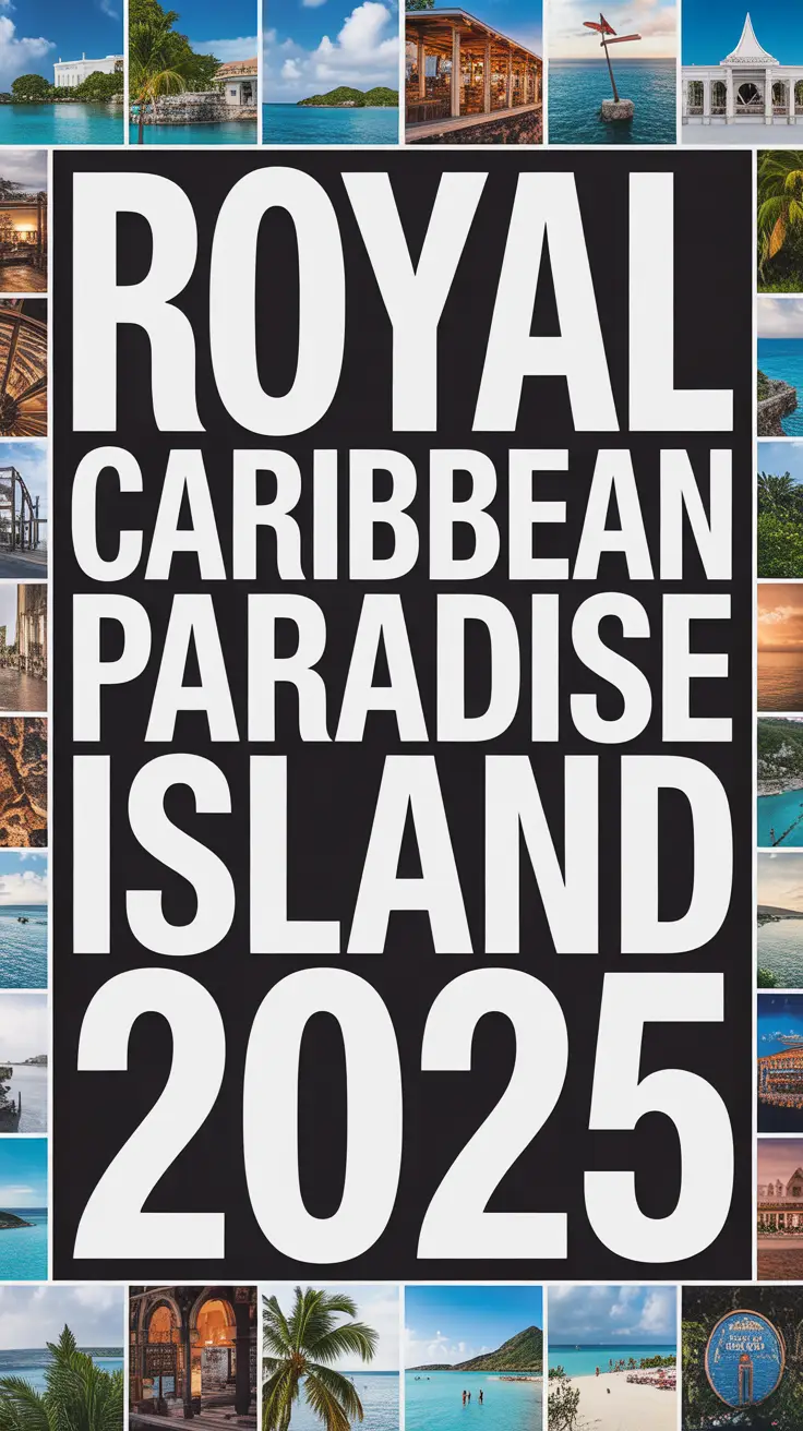 Big text overlay: "Royal Caribbean Paradise Island 2025" in bold white letters within a prominent box, surrounded by a vivid collage of colorful, realistic travel and vacation-themed images designed to immediately capture attention.