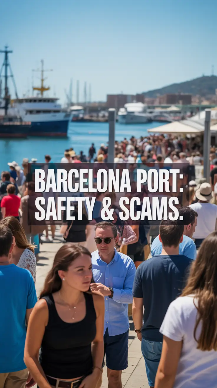 A public service announcement advertisement depicting a bustling scene at Barcelona's port on a bright, sunny day, showcasing the vibrancy of the location while subtly highlighting potential risks. The image focuses on a diverse group of tourists enjoying the atmosphere, with a slightly blurred background showing ships and activity, and a prominent overlay in bold, clear typography reading "Barcelona Port: Safety & Scams." The overall composition uses warm, inviting colors contrasted with a sense of vigilance, subtly implying awareness without causing alarm, and the overlay text is positioned centrally, ensuring maximum visibility without detracting from the scenic beauty. The ad aims to promote safety and awareness among visitors, maintaining a reassuring and approachable aesthetic despite the serious subject matter, ensuring the message is easily understood and impactful.