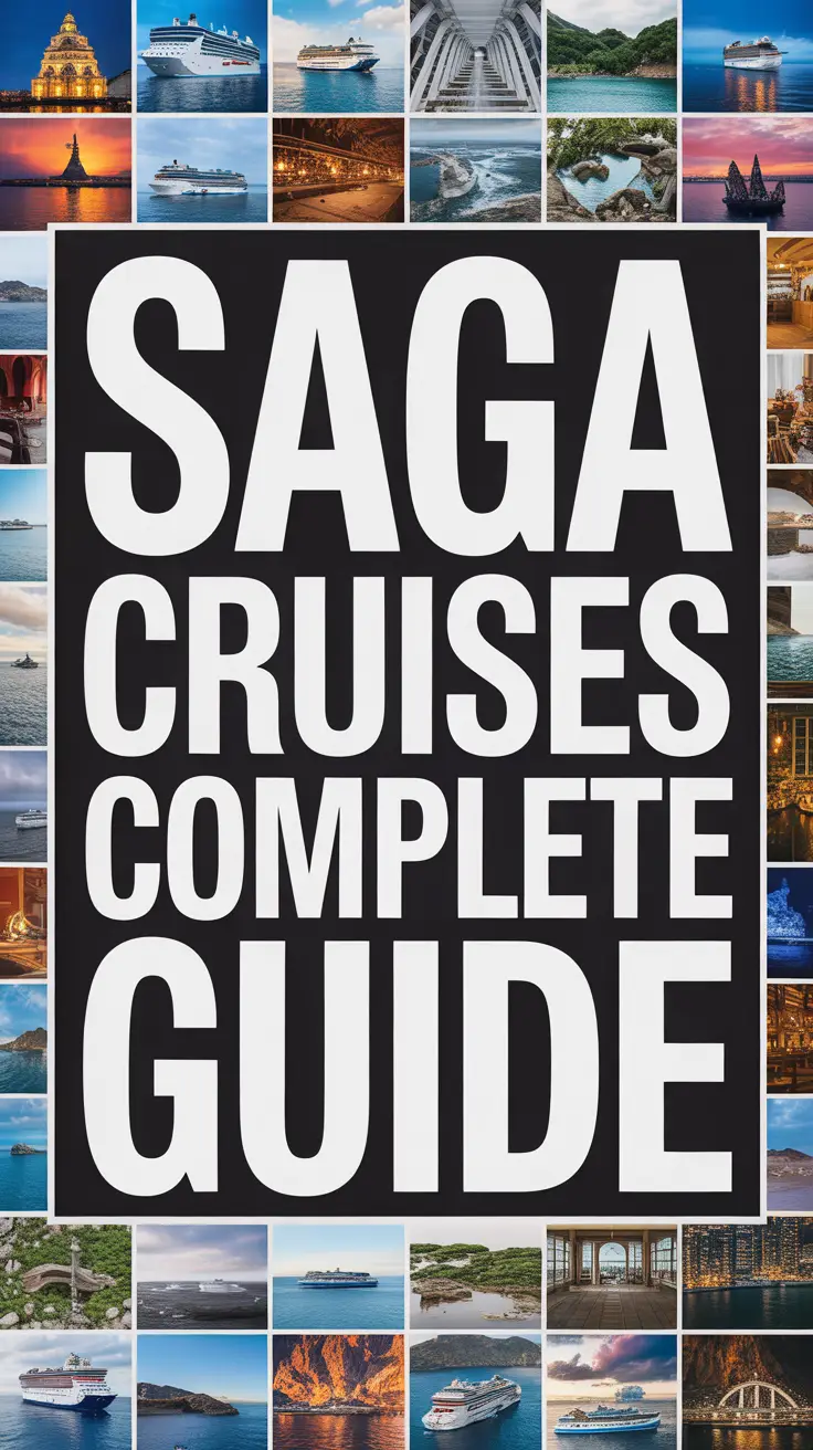 Big text overlay: "Saga Cruises: Complete Guide" in bold white lettering set in a prominent box, surrounded by a vibrant collage of realistic travel images, designed to immediately capture attention with its striking and clean composition.