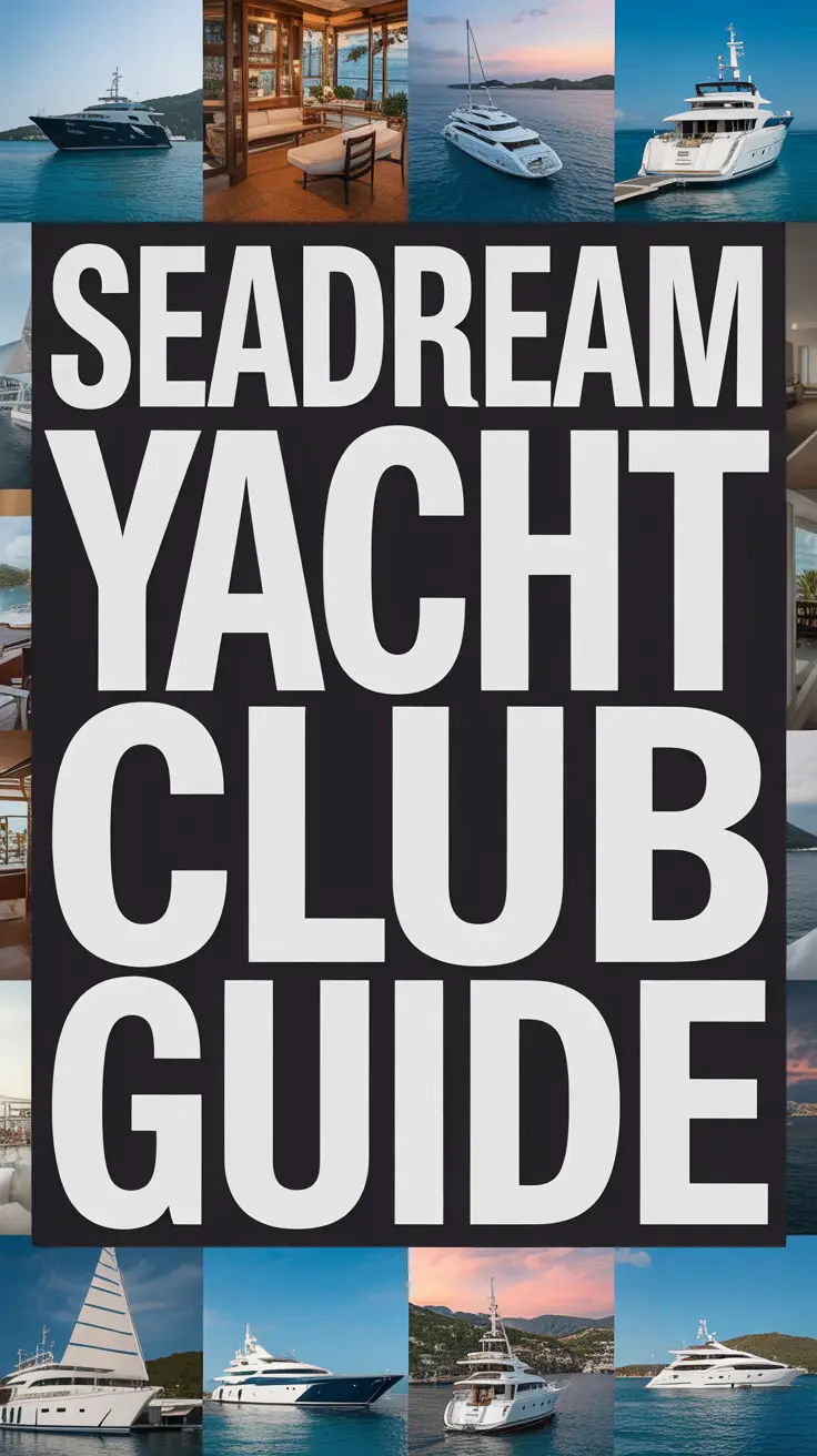 Big text overlay: SeaDream Yacht Club Guide. It's designed to immediately grab attention with its thick, distinctive lettering set prominently in a big box, utilizing a simple yet striking bold white color for maximum visibility. Surrounding this eye-catching typography, a collage of vibrant images. No other text.
