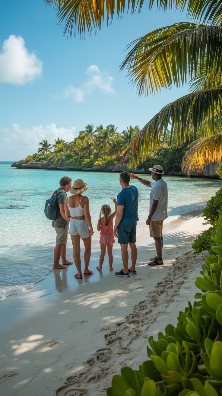 A photograph of a small group of tourists exploring a pristine Caribbean beach. The tourists, a mix of adults and children, are gathered around a local guide who is pointing towards a vibrant coral reef visible just offshore. The beach has white sand and turquoise water, and lush green palm trees fringe the coastline in the background. Bright sunlight illuminates the scene, casting long shadows and creating a cheerful atmosphere.