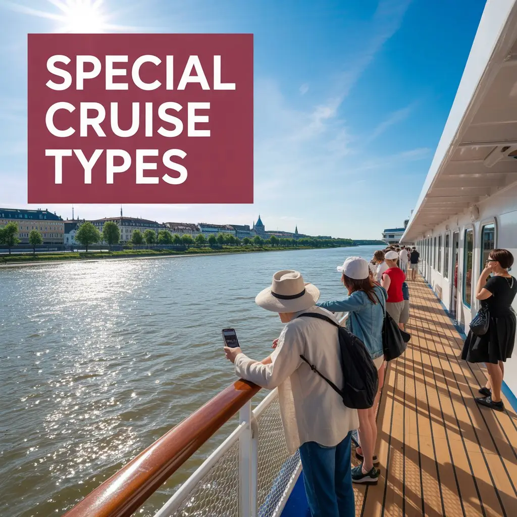 Big text overlay to the left: "Special Cruise Types". No other text. Bright sunny day. Tourist on a river cruise ship.