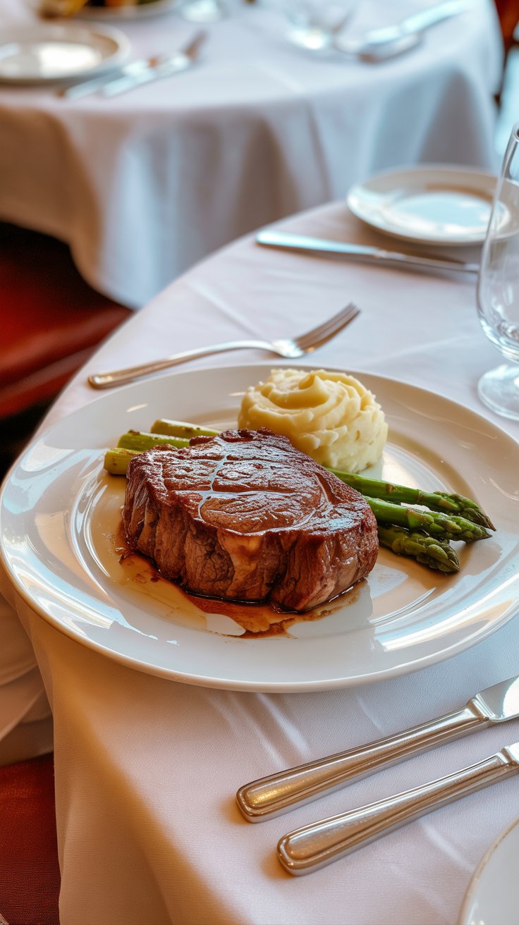 A photograph of a perfectly seared ribeye steak presented on a pristine white porcelain plate in a luxurious fine dining restaurant. The steak boasts a rich, mahogany crust with glistening juices and sits alongside a small mound of creamy mashed potatoes and vibrant green asparagus spears. The table is draped with a crisp white linen tablecloth, and elegant silverware rests beside the plate. Soft, warm lighting emanates from above, highlighting the textures and colors of the meal and the refined ambiance of the cruise ship dining room.