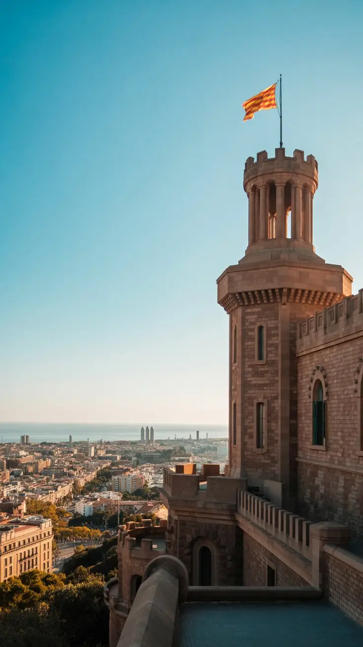 A photograph showcasing the iconic Montjuïc Castle perched atop a hill in Barcelona, Spain. The castle's weathered stone walls are bathed in the warm light of a sunny day, revealing intricate architectural details and a Catalan flag waving proudly from the highest tower. Below, the sprawling cityscape of Barcelona stretches out towards the Mediterranean Sea, with colorful buildings and winding streets visible in the distance. The bright sunlight creates long shadows and highlights the castle's commanding presence against the clear blue sky.